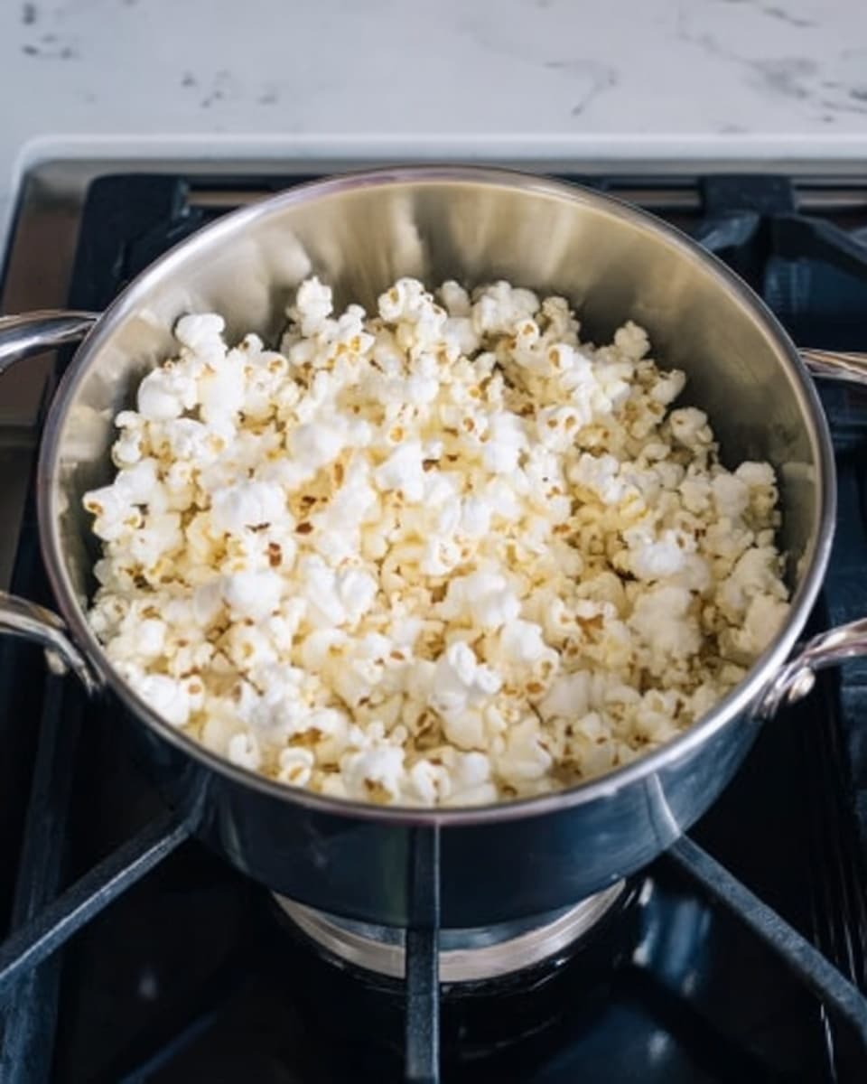 A silver metal pot filled with a single layer of white popcorn with some light brown toasted spots, sitting on a black stovetop with silver and black metal burners visible around it. The background is a white marbled texture. Photo taken with an iphone --ar 4:5 --v 7