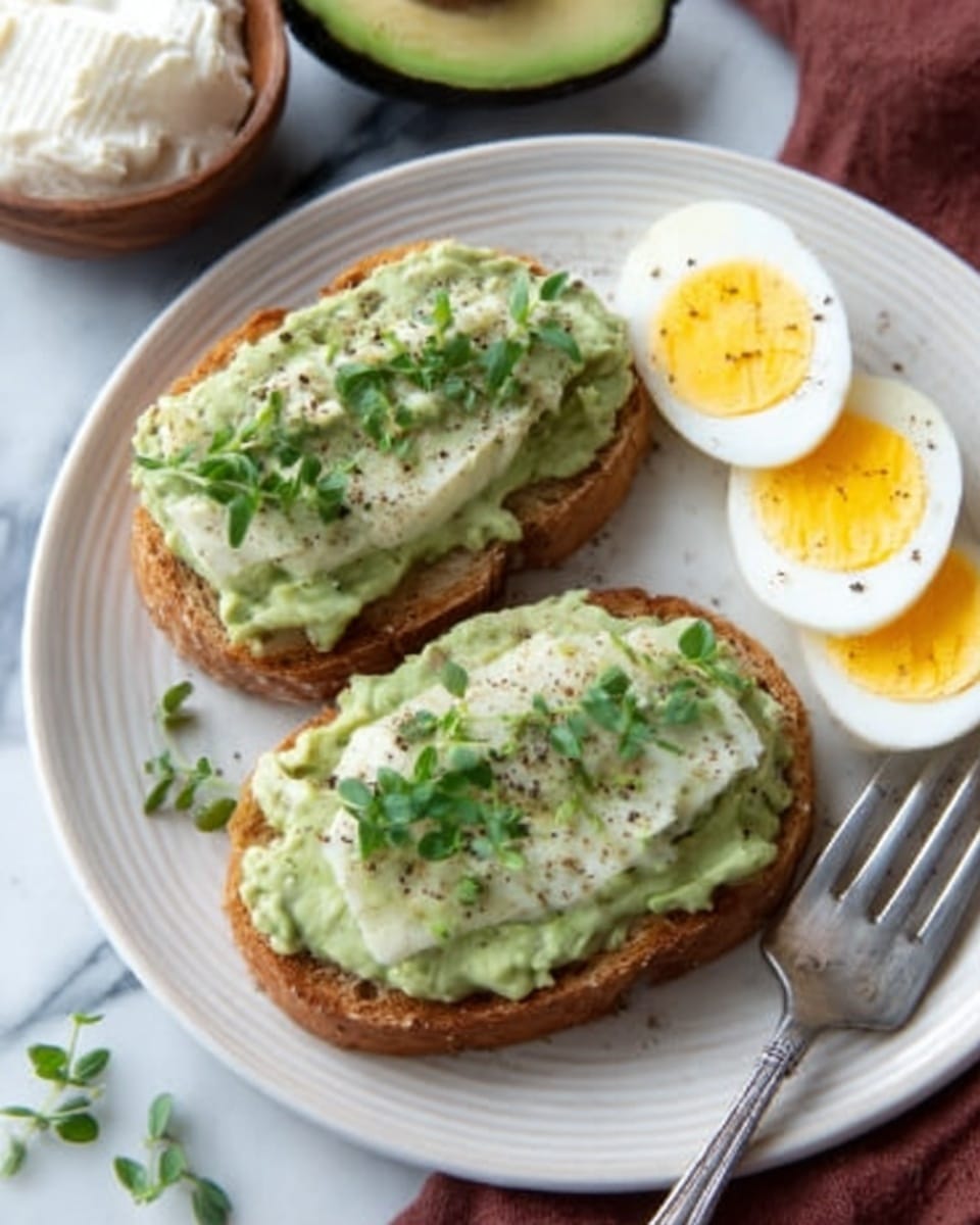The image shows two slices of toasted bread on a white plate placed on a white marbled surface. Each slice is spread with a creamy green avocado layer that is slightly chunky with small pieces visible. The avocado spread is topped with finely chopped green herbs and sprinkled with black pepper. Next to the toast, on the plate, there are three slices of hard-boiled egg arranged in a row, showing their white and yellow yolk center clearly. In the background, there is a wooden bowl filled with white cottage cheese and a halved avocado with its seed intact. A fork and a knife are placed near the plate. Photo taken with an iphone --ar 4:5 --v 7