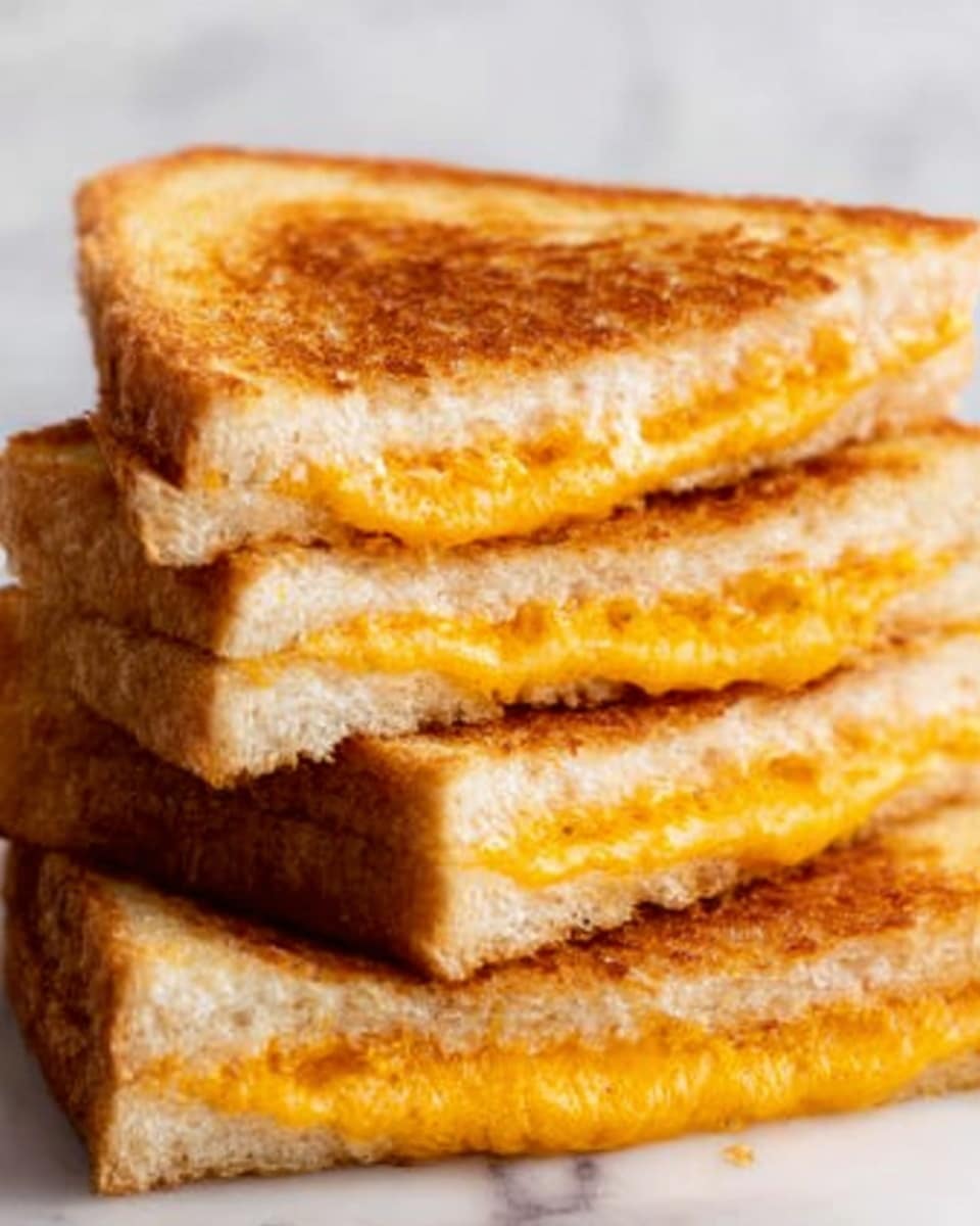 The image shows a close-up of a stack of grilled cheese sandwich halves with three layers. Each sandwich consists of two slices of toasted white bread with a golden brown, crispy texture on the outside. Inside, there is a melted, bright orange cheese layer that looks gooey and soft, slightly oozing between the bread slices. The sandwiches are stacked unevenly on a white marbled surface, creating a cozy and warm feeling. Photo taken with an iphone --ar 4:5 --v 7