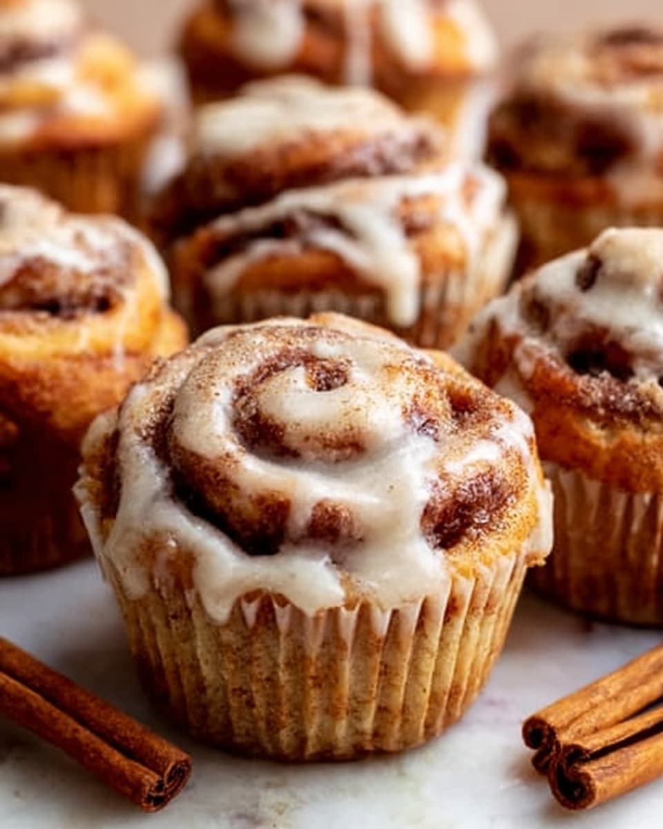 A close-up of a cinnamon roll muffin sitting on a white plate with a few cinnamon sticks scattered nearby. The muffin has a golden-brown top with a spiral swirl of cinnamon sugar, topped with thick white cream cheese icing melting slightly over the edges. The texture of the muffin looks soft and fluffy with visible cinnamon specks. The background and surface show a white marbled texture. photo taken with an iphone --ar 4:5 --v 7