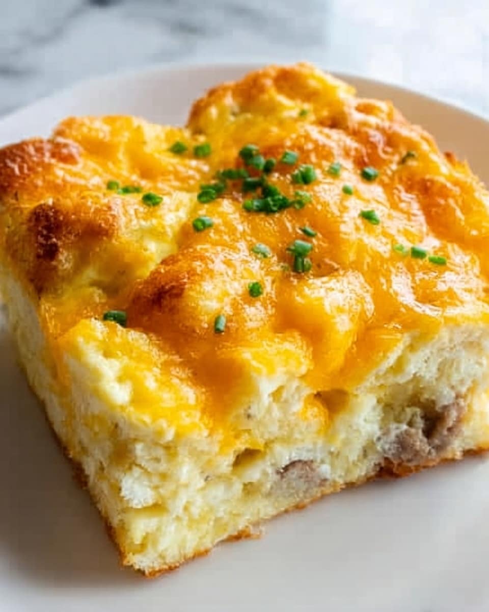 A close-up of a thick square slice of a fluffy biscuit casserole served on a white plate. The casserole has multiple layers, starting with a soft, pale biscuit base filled with bits of light brown sausage. Above that is a rich layer of melted golden-yellow cheese mixed into the biscuit layers. The top layer is golden brown with a slightly crispy texture, sprinkled with small pieces of green herbs for color. The edges show some browned, baked cheese and sausage bits, making the dish look warm and hearty. The plate sits on a white marbled surface. Photo taken with an iphone --ar 4:5 --v 7
