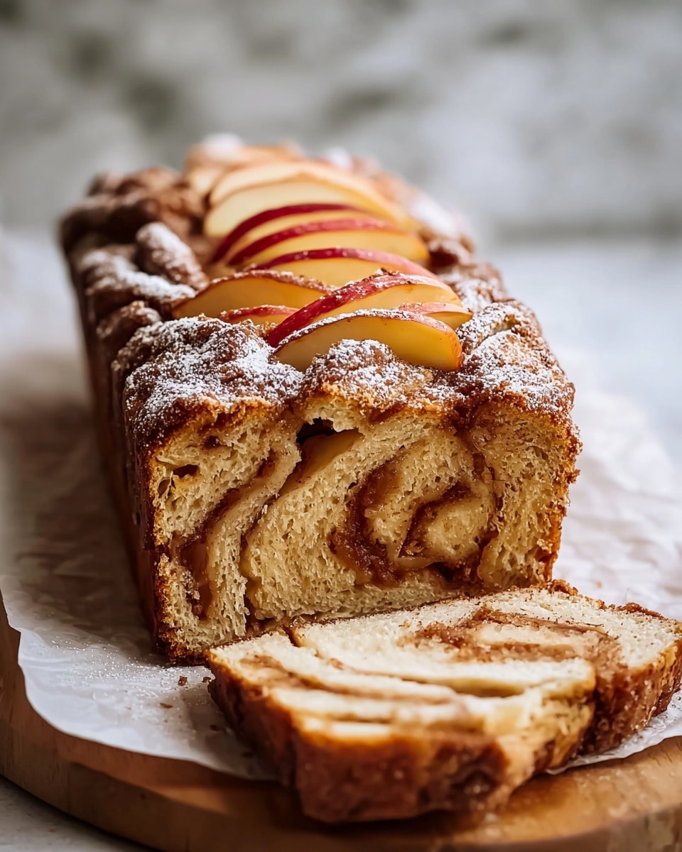 A loaf of cinnamon swirl bread with a golden brown crust dusted with powdered sugar sits on a white marbled surface, partially sliced to reveal soft, light beige bread inside with thick, rich swirls of cinnamon and nuts spread throughout. The top of the loaf is textured with ridges and a sticky cinnamon glaze that glistens in soft natural light, while three thin red and yellow apple slices rest on top. Photo taken with an iphone --ar 4:5 --v 7