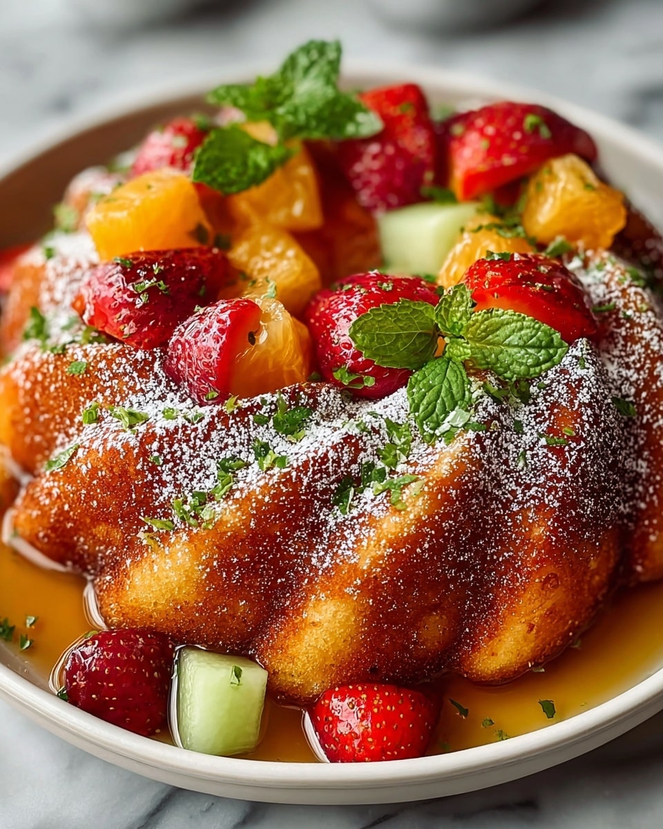 A close-up view of a golden brown bundt cake with a slightly crispy texture, dusted lightly with powdered sugar. The cake sits in a shallow white plate surrounded by fresh fruit pieces: bright red strawberries, pale green honeydew melon, and orange segments, all sprinkled with small green herb bits. On top of the cake, there are more strawberries, orange chunks, and a few fresh mint leaves adding a pop of green color. The plate rests on a white marbled surface, adding a clean and elegant background. photo taken with an iphone --ar 4:5 --v 7
