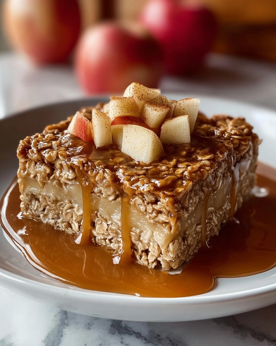A square-shaped oat bar sits on a white plate, topped with small cubes of soft, light beige cooked apples dusted lightly with cinnamon. The oat bar has a dense texture with visible oats and a golden brown color. Warm caramel sauce is generously poured over the oat bar, dripping down the sides and pooling around the base, adding a glossy, sticky layer. The background shows a white marbled texture surface with blurred red apples in soft focus. photo taken with an iphone --ar 4:5 --v 7