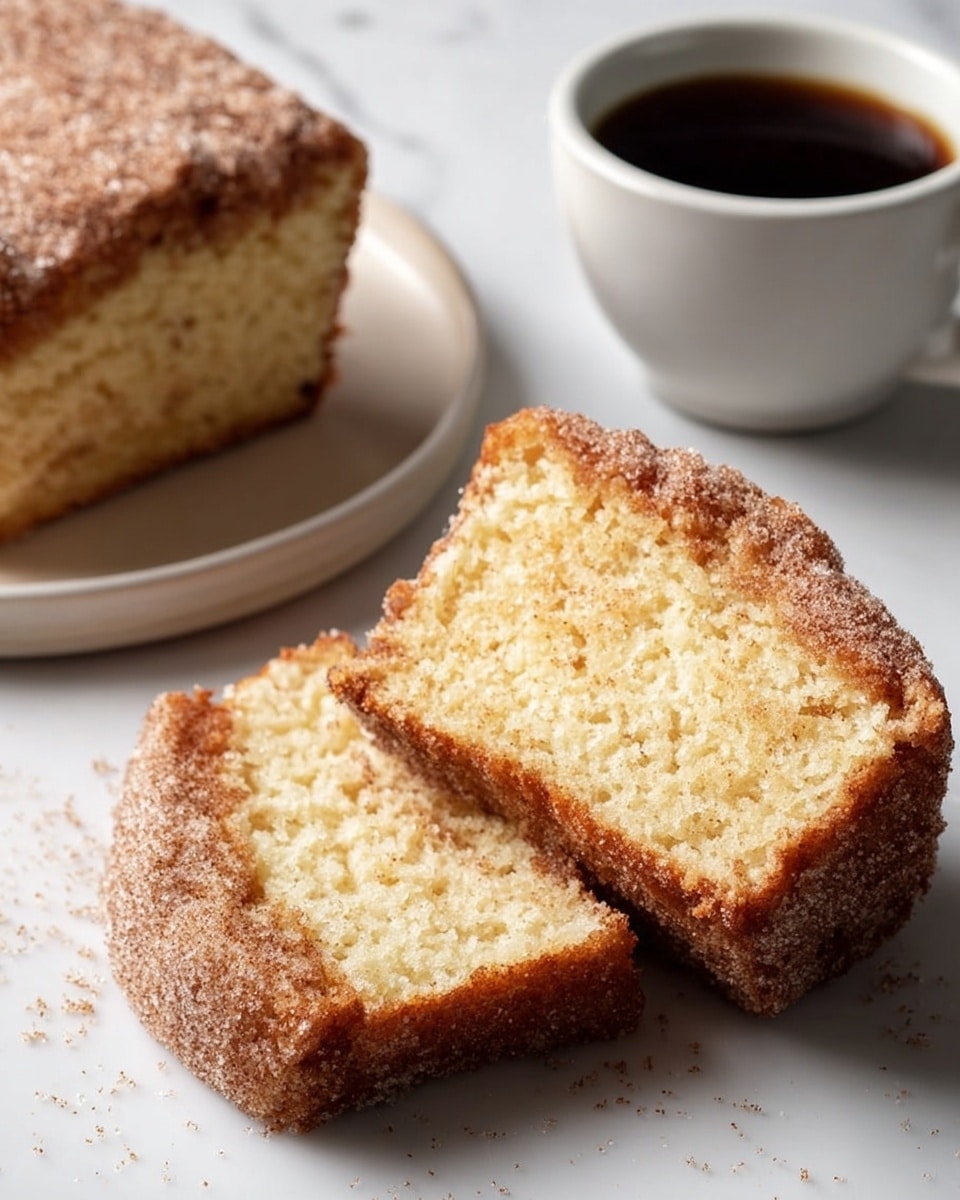 A close-up view of a soft, thick cake with one large piece and two smaller slices placed on a white marbled surface. The cake has two visible layers: a light yellow, moist and fluffy inside with a fine texture, and a golden-brown crust covered evenly with sparkling granules of cinnamon sugar. There are loose grains of cinnamon sugar scattered around the cake pieces. In the background, there is a white cup filled with black coffee barely in the frame. photo taken with an iphone --ar 4:5 --v 7