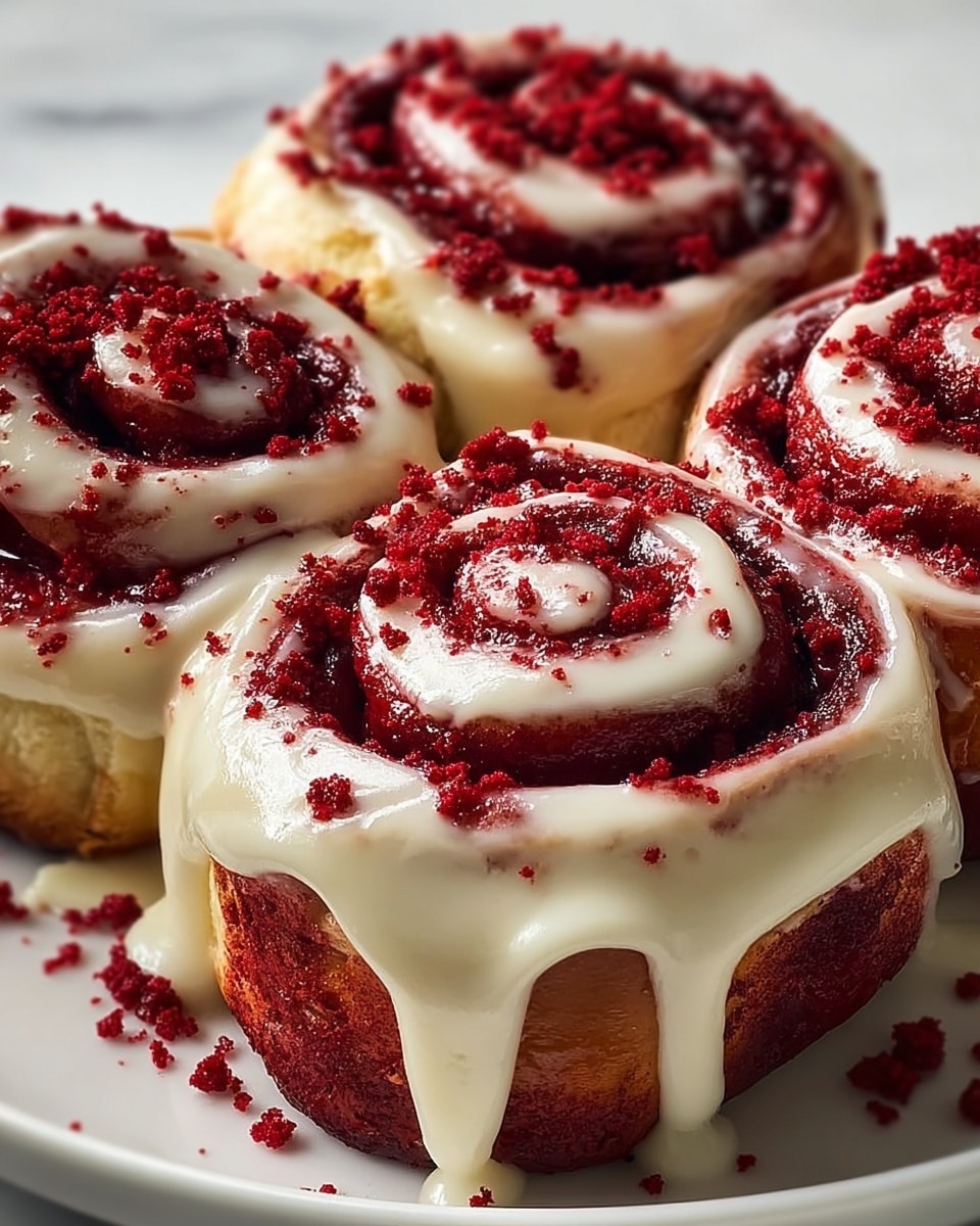 The image shows four red velvet cinnamon rolls on a white plate placed on a white marbled surface. Each roll has a spiral shape with deep red layers that appear moist and dense. Thick white cream cheese frosting generously covers the top and drips down the sides of the rolls, creating shiny, smooth textures. Red velvet crumbs are sprinkled on top of the frosting and scattered around the plate, adding color contrast and texture. The rolls are closely packed, filling the frame with their rich red and white colors, emphasizing their soft and gooey appeal photo taken with an iphone --ar 4:5 --v 7