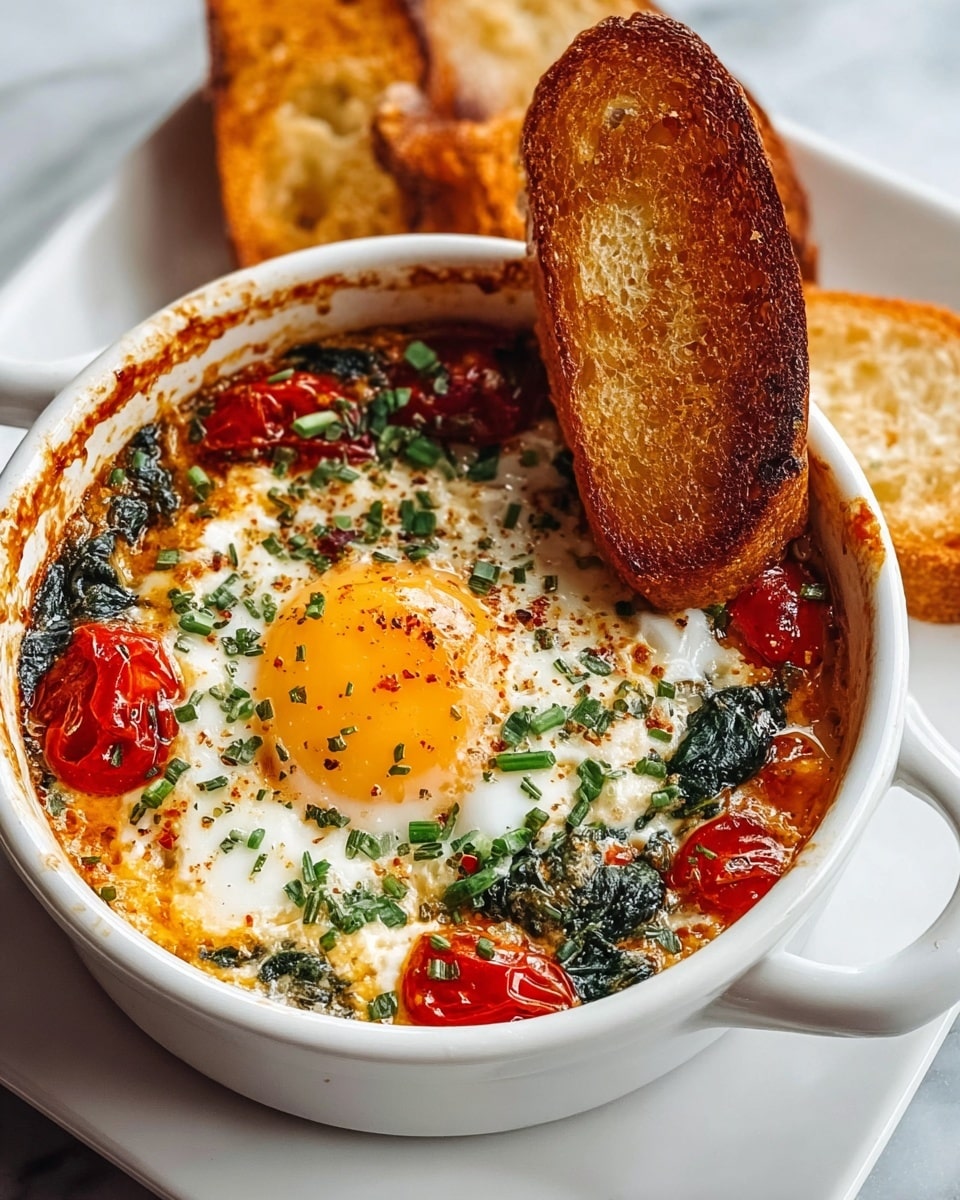 A close-up of a round white ceramic bowl filled with shakshuka, showing a bright yellow cooked egg yolk centered on a layer of soft, white, baked cheese mixed with cooked green spinach and red cherry tomato pieces, all sprinkled with small chopped green herbs and black pepper. A brown toasted bread slice stands vertically inside the bowl on the right side. The bowl sits on a square white plate, with two more pieces of toasted bread beside it on a white marbled surface. Photo taken with an iphone --ar 4:5 --v 7