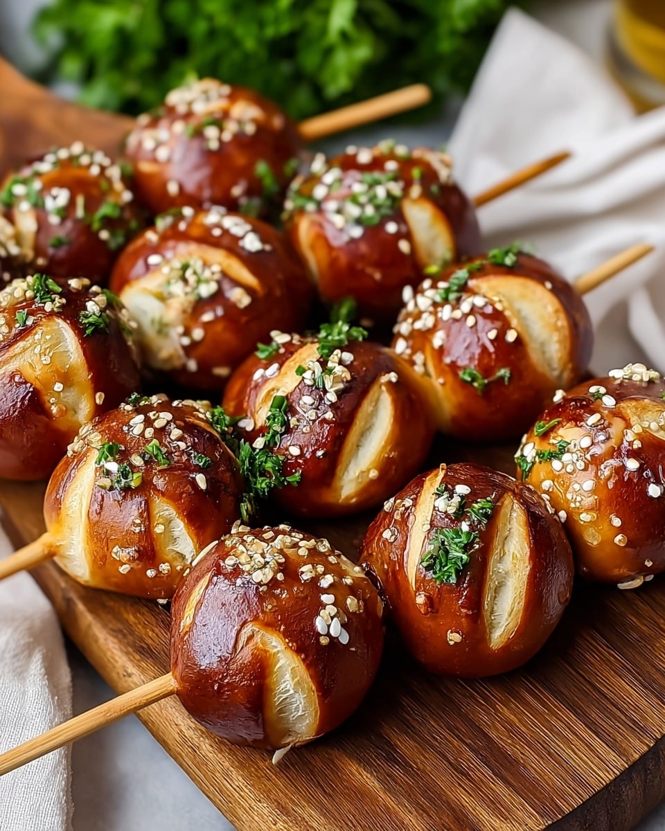 The image shows several wooden skewers holding three shiny, dark golden-brown pretzel bites each, with a rich glossy finish and a slight char in some spots. Each pretzel bite is round with deep folds revealing a soft, pale yellow inside. The pretzels are sprinkled with white sesame seeds and small pieces of green herbs, giving a fresh contrast. The skewers rest on a warm wooden board, and the background features a white marbled surface with blurred green herbs and white bowls. photo taken with an iphone --ar 4:5 --v 7