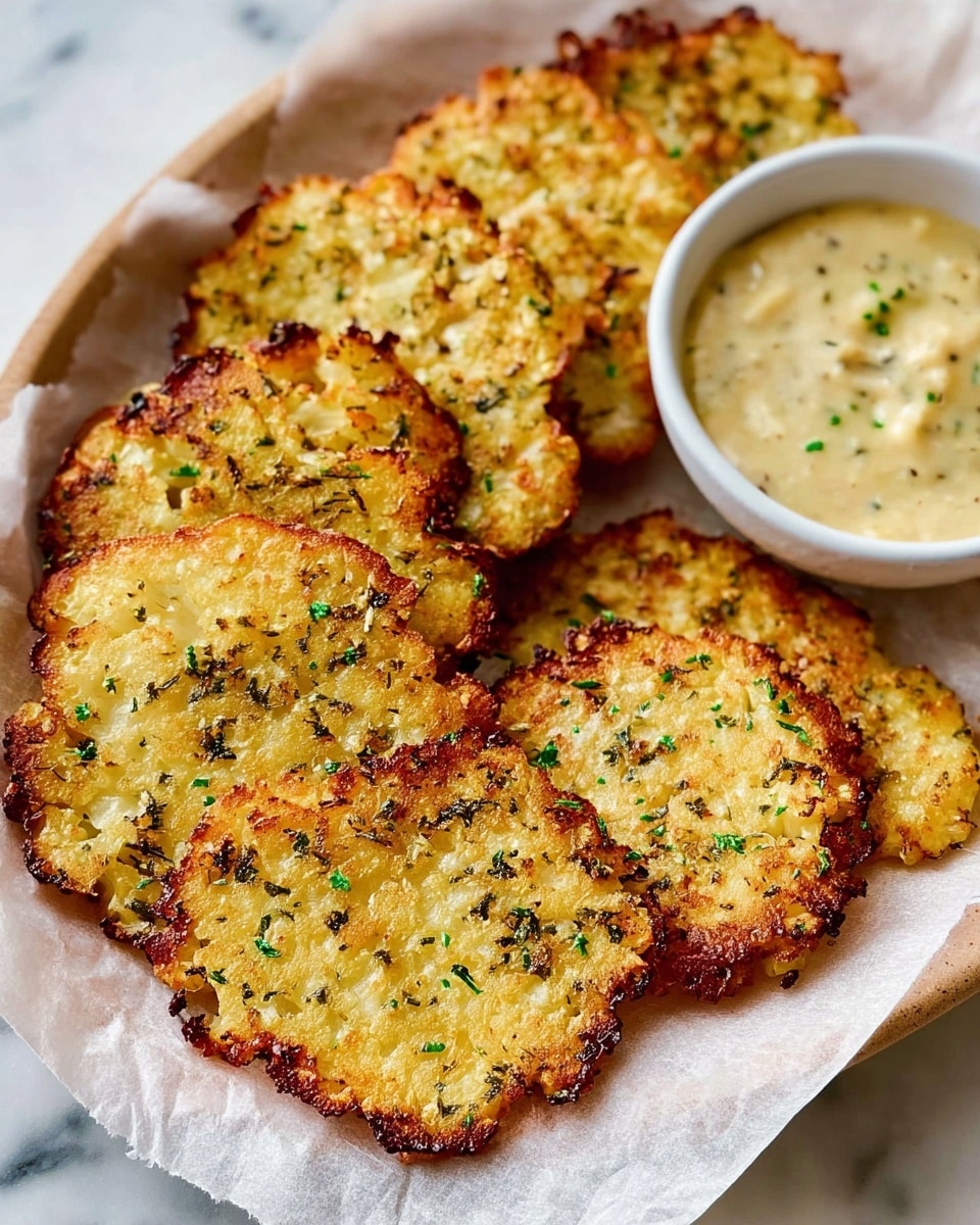 The image shows a close-up of five crispy, golden-brown cauliflower fritters with uneven edges and scattered chopped green herbs on top. The fritters have a rough texture with browned spots from cooking. Next to the fritters is a small white bowl filled with a creamy, light beige sauce that has visible specks of herbs or spices mixed in. The food is placed on crumpled brown parchment paper, which rests on a white marbled textured surface. There is a small green herb garnish near the fritters. photo taken with an iphone --ar 4:5 --v 7