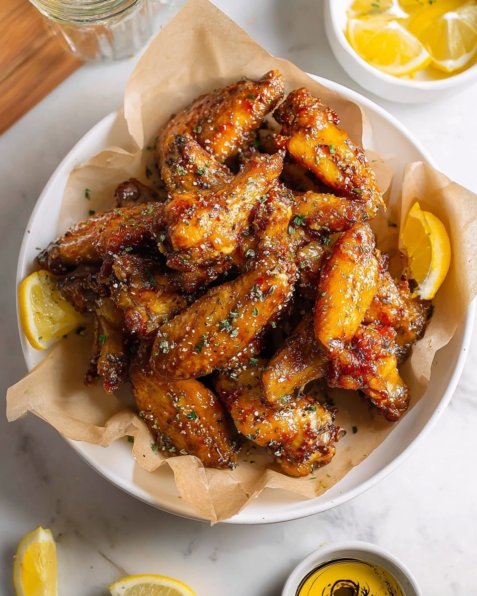 A white plate lined with light brown parchment paper holds a pile of golden-brown chicken wings, glistening with a shiny glaze. The wings show a mix of drumettes and flats, each with a slightly crispy texture and sprinkled with coarse salt, cracked black pepper, and tiny green herb bits. Around the wings, there are small bright yellow lemon wedges. To the side of the plate, a glass with lemon slices and a white bowl with a golden dipping sauce are partially visible, all set on a white marbled surface. Photo taken with an iphone --ar 4:5 --v 7
