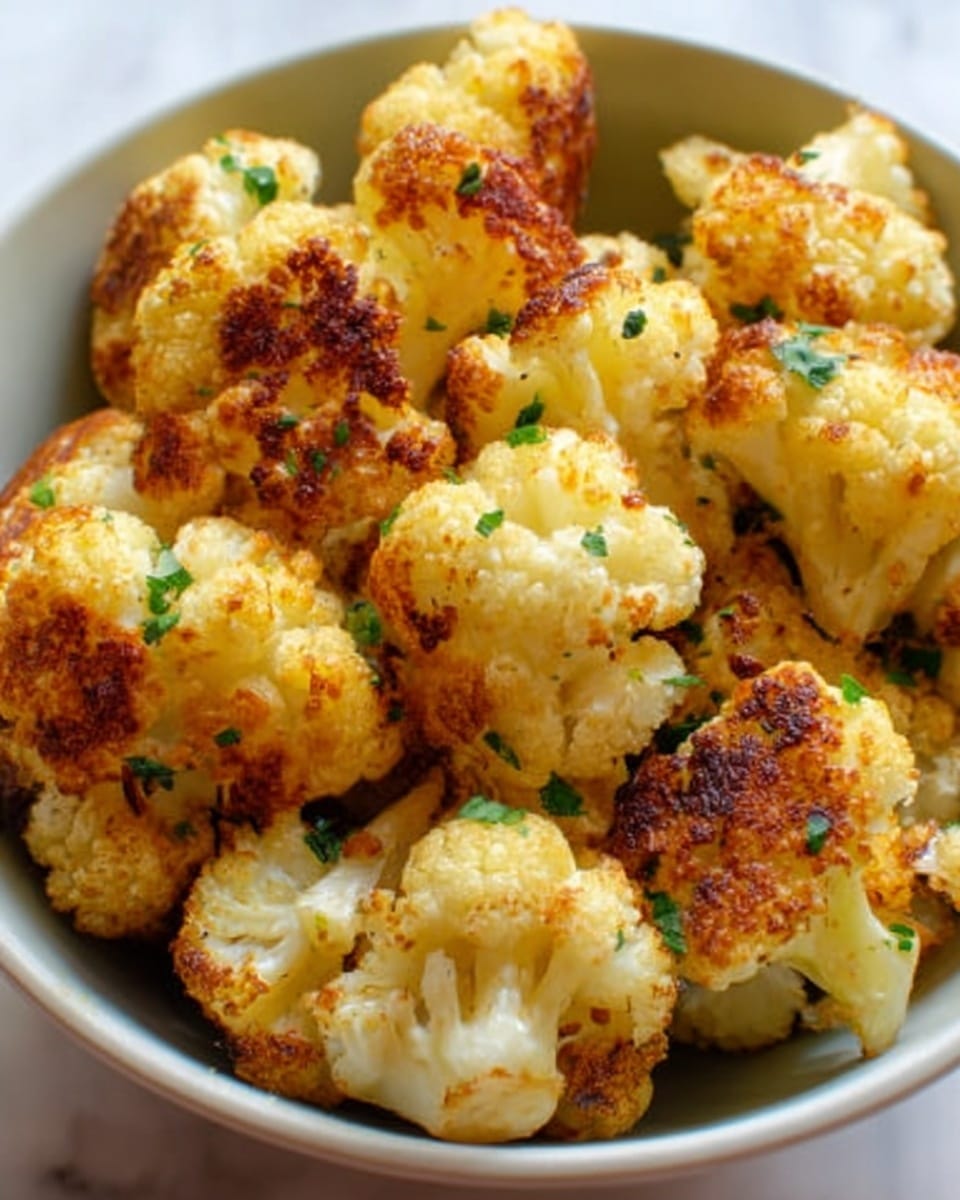 A close-up image of roasted cauliflower florets in a white bowl, each piece displaying a golden brown, slightly crispy texture with some charred spots. The florets are arranged piled up, showing a mix of creamy white and golden-orange hues with tiny green herb flakes sprinkled on top. The surface beneath the bowl is a white marbled texture. photo taken with an iphone --ar 4:5 --v 7