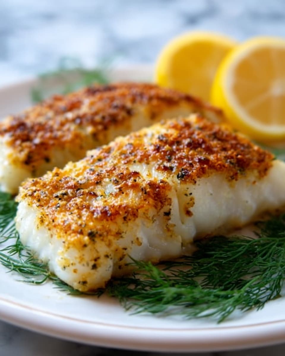 Two pieces of golden-brown, crispy baked fish fillets sit on a bed of fresh green dill on a white plate. The fillets have a crunchy, speckled top layer of seasoning with a slight shine, and the fish underneath looks tender and white. Next to the fillets is a bright half lemon with visible juicy segments. The plate rests on a white marbled surface. Photo taken with an iphone --ar 4:5 --v 7