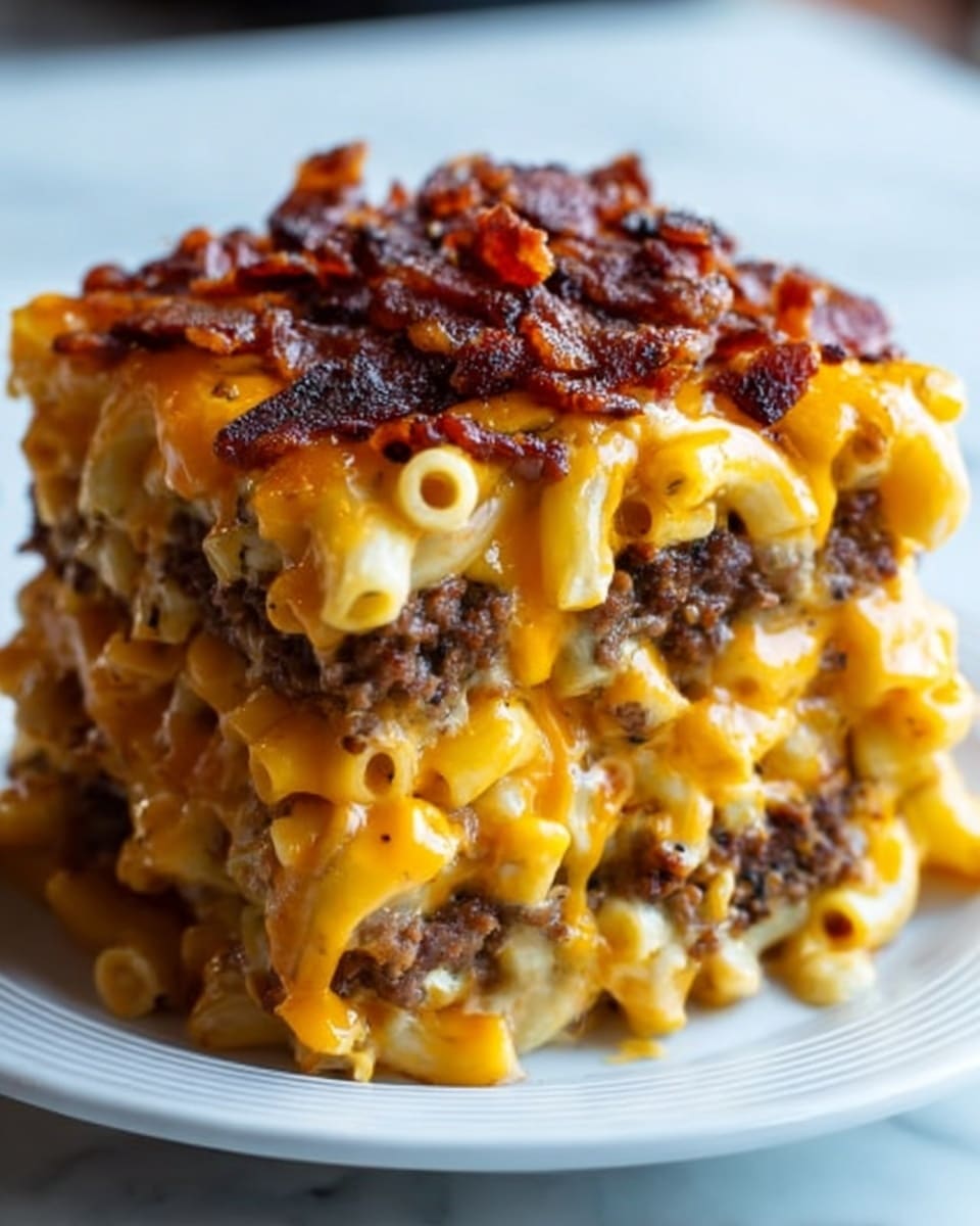 A close-up view of a tall square stack featuring three layers of baked macaroni and ground beef patties. Each layer is covered with a thick, gooey orange cheese sauce that melts and stretches slightly down the sides. On top, crispy bacon strips are scattered, adding a dark reddish-brown contrast to the smooth cheese. The dish sits on a simple white plate, placed on a white marbled surface. photo taken with an iphone --ar 4:5 --v 7