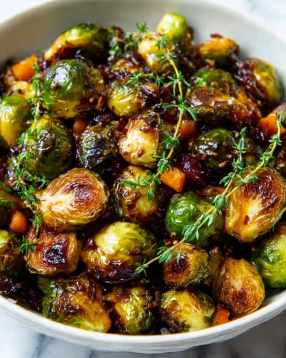 The image shows a white bowl filled with roasted Brussels sprouts that are golden brown and caramelized, giving a crispy and shiny texture. The sprouts are halved, showing their light green inside with charred edges, and whole tiny orange bits, likely garlic or small vegetables, are scattered among them. Fresh green thyme sprigs are placed on top, adding a touch of leafy texture and color contrast. The bowl sits on a white marbled surface. Photo taken with an iphone --ar 4:5 --v 7