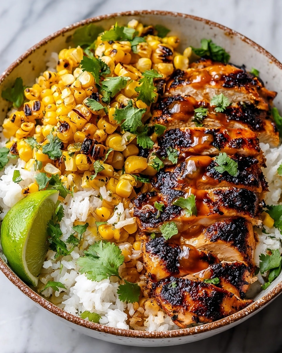 A white bowl filled with three main layers: the bottom layer is white rice mixed with some yellow corn kernels, the middle layer is golden grilled chicken breast slices with char marks and a shiny glaze, and the top layer is a sprinkle of fresh green cilantro leaves spread over the chicken and corn. There is also a lime wedge resting on the rice near the chicken. The bowl sits on a white marbled textured surface. photo taken with an iphone --ar 4:5 --v 7