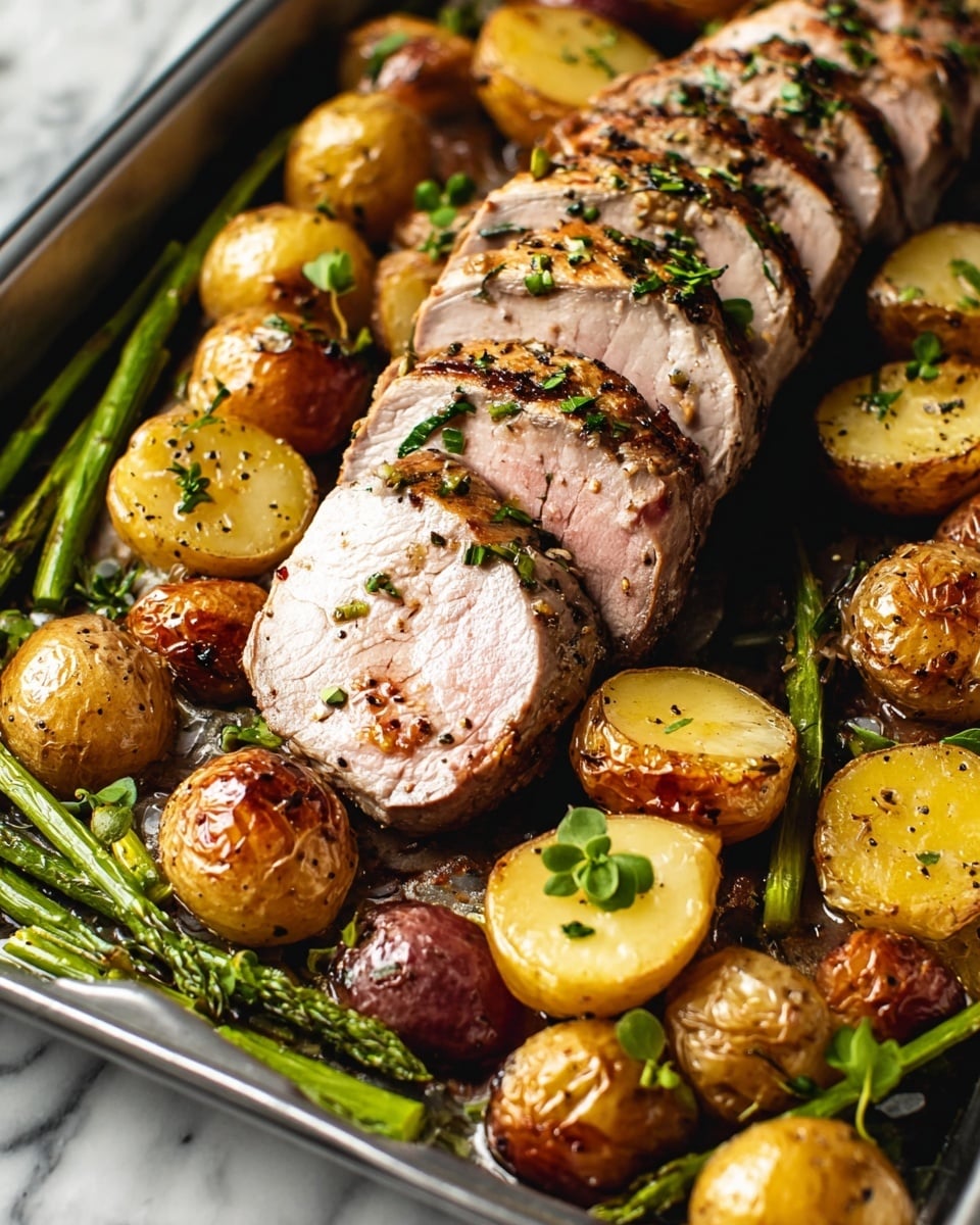 The image shows a tray filled with a sliced pork tenderloin in the center, cooked to medium with a pink inside and a light brown outside, sprinkled with green herbs and black pepper. Around the tenderloin, there are halved roasted baby potatoes with golden-brown crispy edges and some bright orange slices among them, all garnished with fresh green parsley. Thin green asparagus spears are placed underneath and around the potatoes and meat, adding a touch of green. The tray is placed on a white marbled surface. Photo taken with an iphone --ar 4:5 --v 7