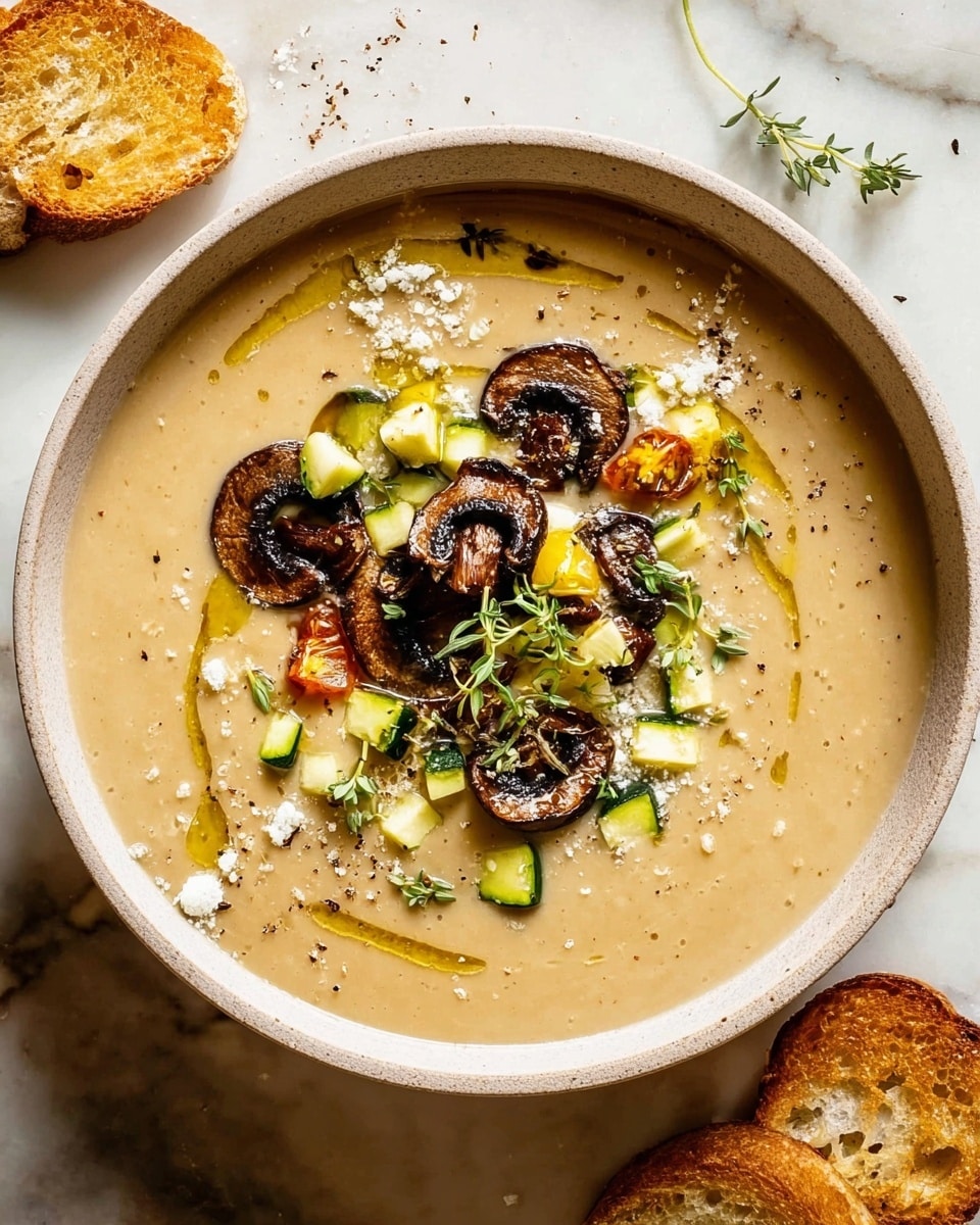 A bowl of creamy beige soup fills a rustic white bowl with a slightly worn rim. Floating on top are several layers: dark brown sautéed mushroom slices, light green and yellow chopped zucchini pieces, a bright red cherry tomato, and a fresh green herb sprig at the center. The soup is drizzled with golden olive oil, sprinkled with coarse white cheese bits, and black pepper flakes. Two round pieces of toasted bread with a golden crust lie beside the bowl on a white marbled surface, along with a rustic silver spoon and a sprig of fresh herbs. Photo taken with an iphone --ar 4:5 --v 7