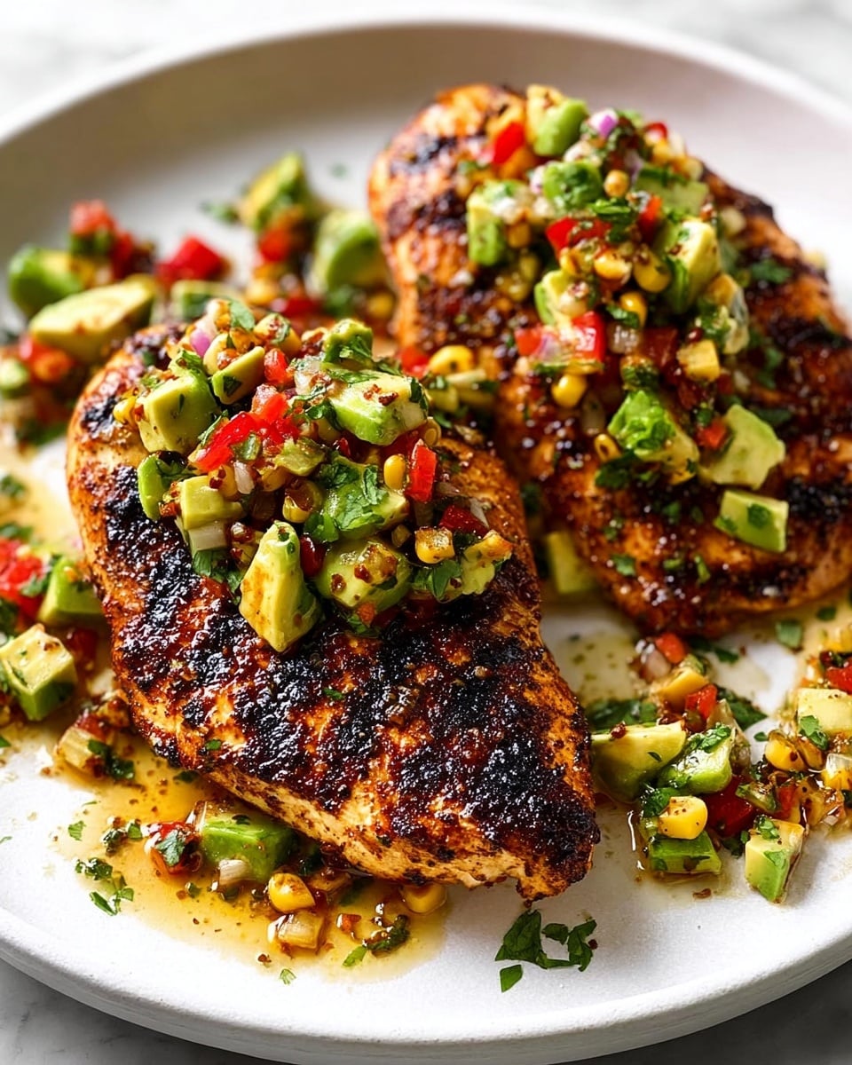 The image shows two grilled chicken breasts with a dark, spicy crust, each topped with a fresh salsa made of diced avocado, red bell pepper, onion, and chopped green herbs. The chicken's surface has a textured, slightly charred look, with the salsa adding a colorful mix of green, red, white, and yellow hues on top and scattered around the white plate. The plate is set on a white marbled texture, adding a clean look to the image, with some cilantro leaves sprinkled around for garnish. The photo taken with an iphone --ar 4:5 --v 7