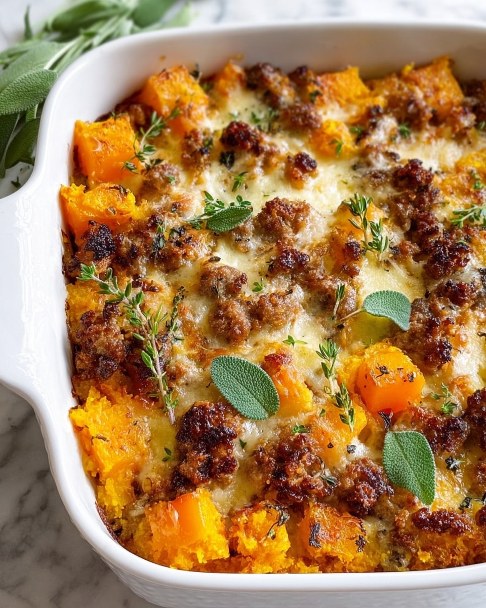 A white baking dish filled with a layered casserole showing chunks of bright orange roasted butternut squash mixed with browned sausage pieces. The top layer is melted cheese with a golden brown crust and bubbly texture. Sprinkled on top are small fresh green herb leaves, likely sage and thyme, adding a touch of color and freshness. The dish sits on a white marbled surface with a soft, natural light highlighting the rich, comforting colors and textures of the casserole. photo taken with an iphone --ar 4:5 --v 7