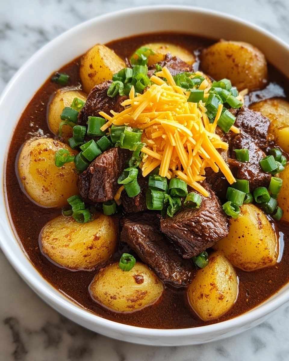 A white bowl filled with three main layers: the bottom layer is golden-brown roasted potato chunks with a slightly crispy texture, the middle layer consists of dark brown, seared beef pieces with a juicy and tender look, and the top layer is a mix of bright green chopped scallions and a small pile of shredded bright yellow cheddar cheese at the center. The bowl is placed on a white marbled surface with a soft natural light highlighting the textures and colors, photo taken with an iphone --ar 4:5 --v 7