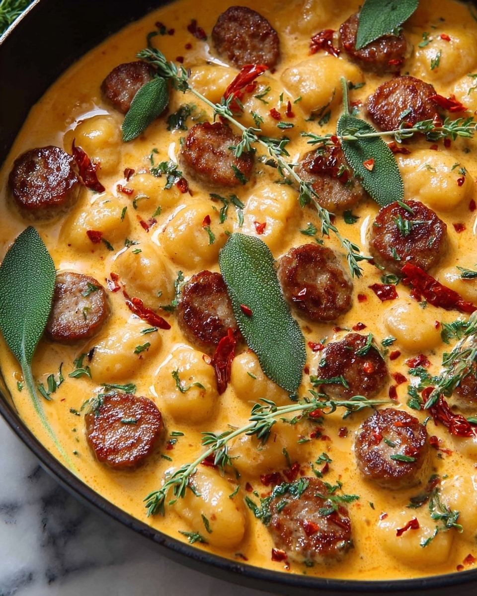 This image shows a creamy dish in a black pan filled with two main layers: the bottom layer is smooth, rich yellow-orange sauce with a glossy texture, and on top are round, golden-brown seared sausage slices and soft, plump gnocchi pieces. The dish is sprinkled with finely chopped fresh green herbs and small red pepper pieces for color contrast. There are also whole sage leaves and thyme sprigs placed on top, adding fresh green accents. The surface around the pan is a white marbled texture. photo taken with an iphone --ar 4:5 --v 7