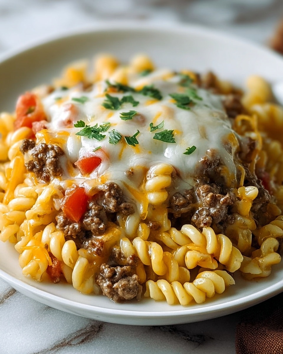 A white plate holds a dish with three main layers visible. The bottom layer is made of yellow spiral pasta that looks soft and slightly glossy. On top of the pasta, there is a layer of browned ground meat mixed with small pieces of red tomato, giving a textured look. The top layer is melted cheese, mostly white with some orange streaks, covering the meat and garnished with small green parsley leaves scattered all over. The whole dish looks rich, creamy, and hearty against a white marbled textured background. Photo taken with an iphone --ar 4:5 --v 7