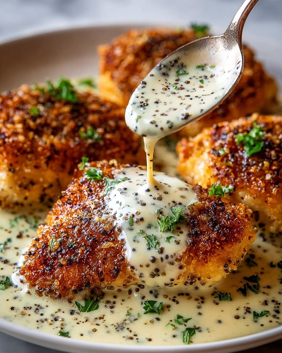A close-up view of four pieces of crispy golden brown chicken with a textured, crunchy crust, sitting in a creamy white sauce speckled with black pepper and herbs. The chicken pieces have small green parsley leaves sprinkled over them, adding a fresh touch. A silver spoon is pouring more of the creamy white sauce with black pepper onto the chicken in the front. The plate is white, and the background is a white marbled texture, giving a clean and simple look. photo taken with an iphone --ar 4:5 --v 7