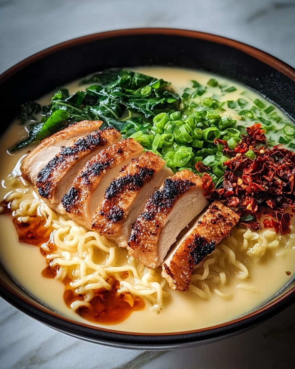 A black bowl filled with creamy light yellow broth and curly ramen noodles at the base, topped with six thick slices of grilled chicken with dark brown char marks arranged in a row across the center. To the left of the chicken, there is a pile of bright green leafy vegetables with a glossy texture. Above the chicken, there is a small mound of dried red chili flakes with a rough texture, and on the right side, a heap of chopped vibrant green scallions. Drops of reddish oil float on the surface of the broth around the noodles. The bowl rests on a white marbled surface. Photo taken with an iphone --ar 4:5 --v 7