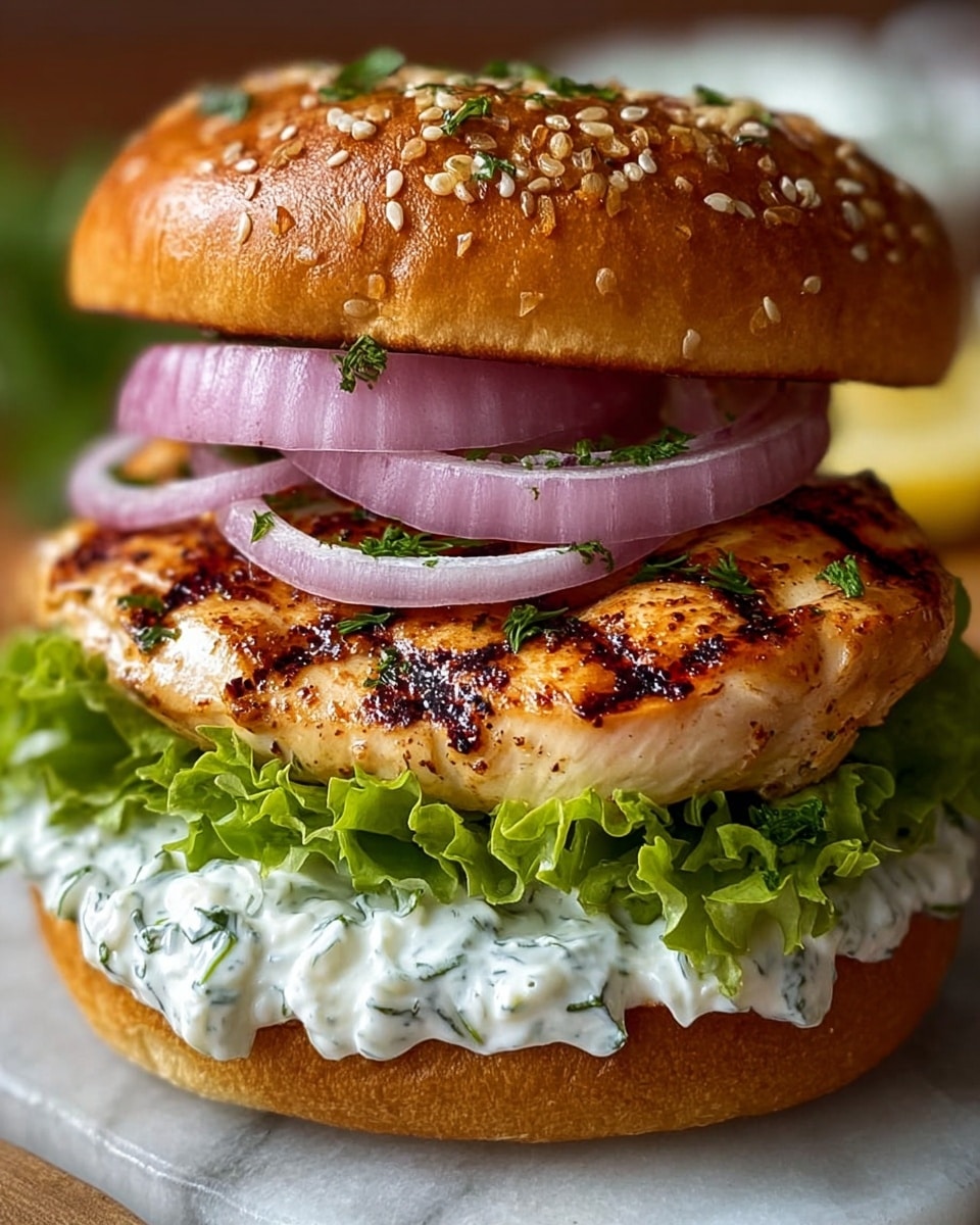 A close-up of a grilled chicken sandwich with five distinct layers, placed on a wooden board over a white marbled texture. The bottom layer is a golden brown toasted bun, topped with a creamy white sauce mixed with green herbs. Above the sauce is bright green leafy lettuce, providing a fresh, crisp texture. On top of the lettuce lies a thick, juicy grilled chicken breast with clear char marks, giving it a slightly crispy look with a golden surface. Thin rings of purple-red onion rest just below the top bun, which is a glossy, golden brown sesame seed bun sprinkled with small green herb pieces. Photo taken with an iphone --ar 4:5 --v 7