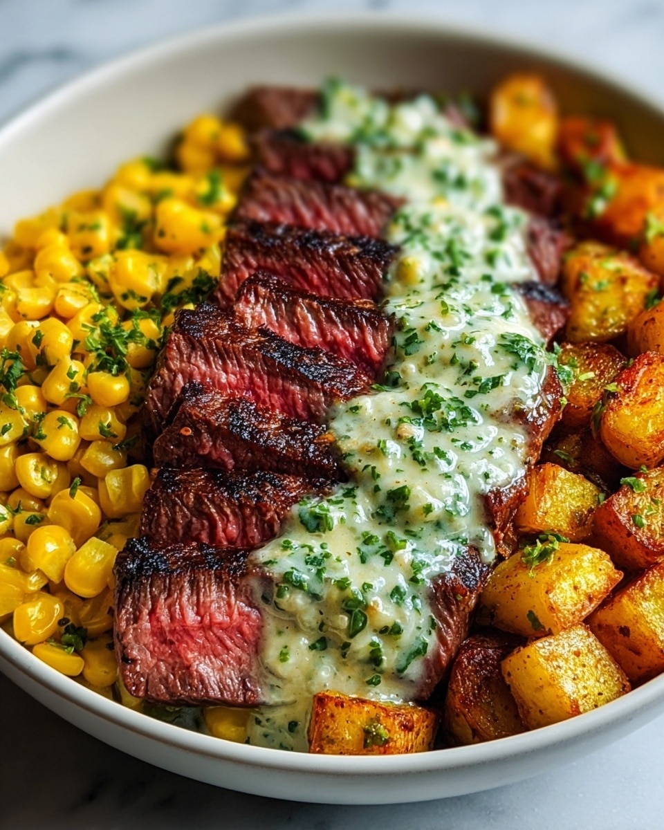 A white bowl filled with a colorful meal showing three main layers: at the bottom, there are bright yellow corn kernels spread evenly; on the right side, small golden brown roasted potato cubes with a slightly crispy texture; on top and center, thick slices of medium-cooked steak with a brown seared outer layer and pink inside, draped with a creamy green herb sauce that looks fresh and chunky, covering the steak partially from left to right. The background has a white marbled texture. photo taken with an iphone --ar 4:5 --v 7