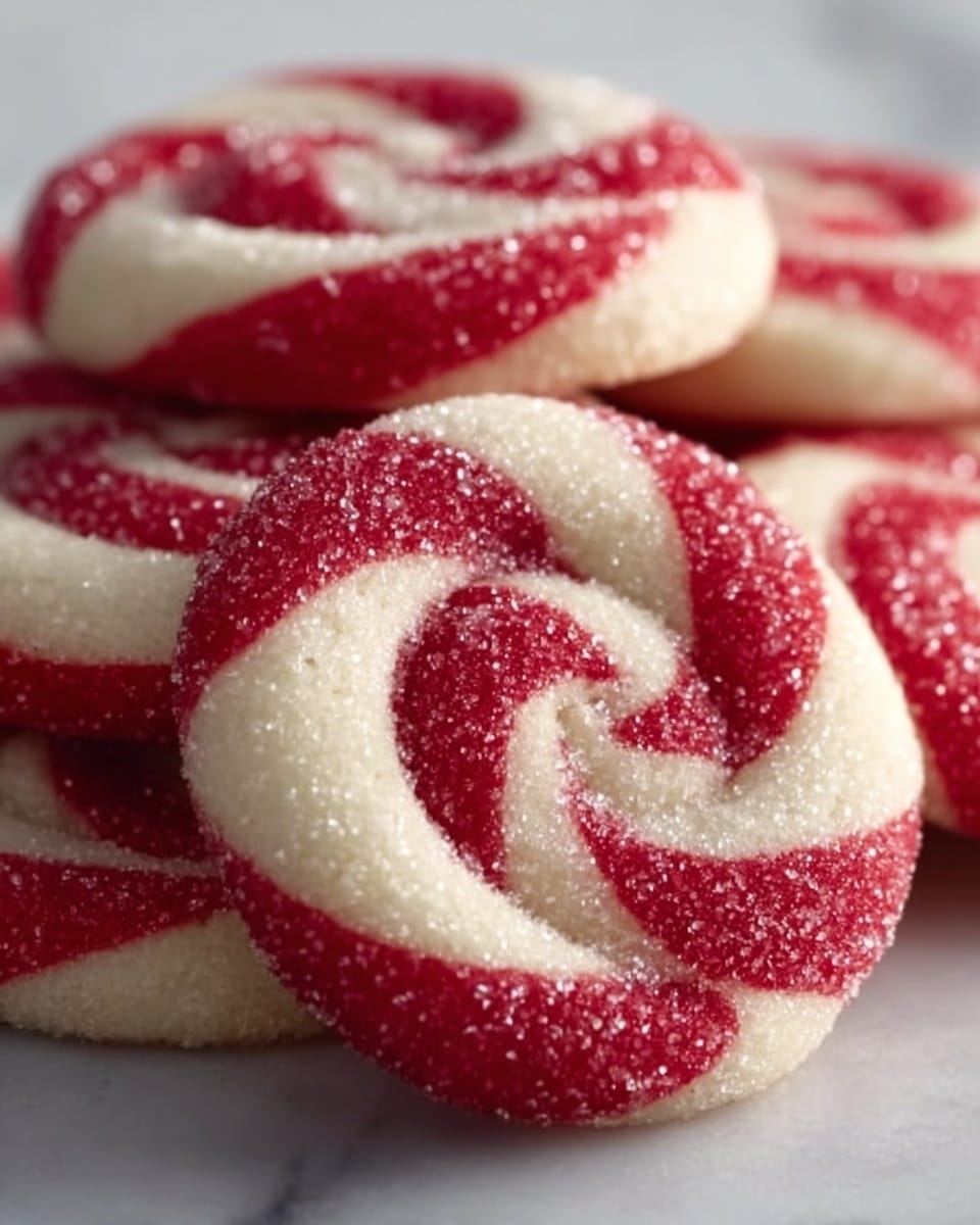 The image shows close-up round cookies with twisted stripes in red and white colors, arranged in a small pile. Each cookie has a smooth spiral pattern with alternating red and white sections, covered with a fine layer of sugar crystals that give a slightly rough texture. The cookies are on a white marbled surface. The photo has soft, natural lighting and shallow depth of field, focusing on the front cookie while softly blurring the ones behind. Photo taken with an iphone --ar 4:5 --v 7