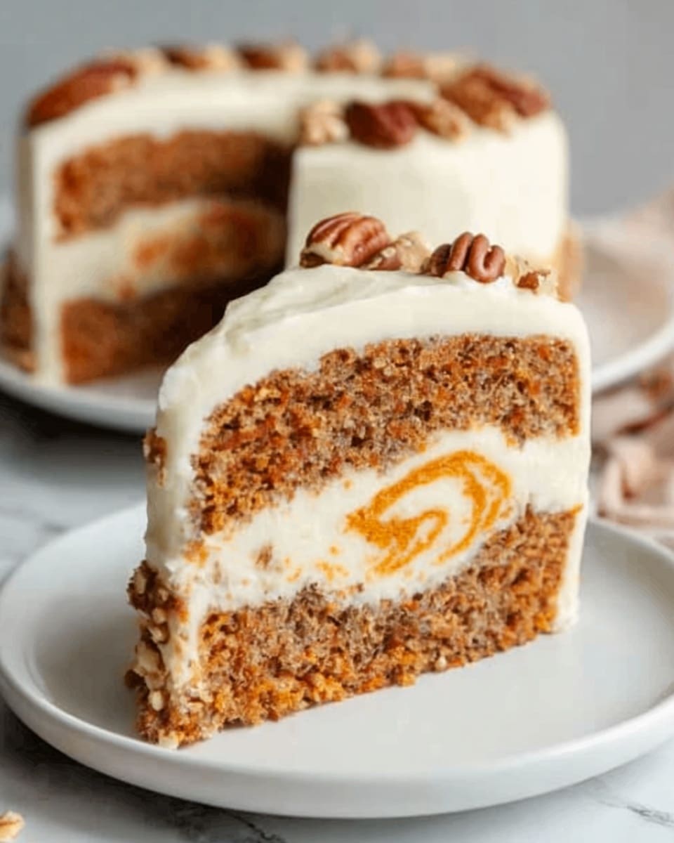 A slice of carrot cake on a simple white plate, showing three distinct layers: a bottom and top layer of moist, brown carrot cake with a rough texture, and a thick middle layer of smooth white cream cheese filling with a swirl of orange carrot puree running through it. The cake slice is topped with white cream cheese frosting decorated with several whole pecans placed around the edge. In the background, the whole cake is visible, set on a white plate, all on a white marbled surface. Photo taken with an iphone --ar 4:5 --v 7