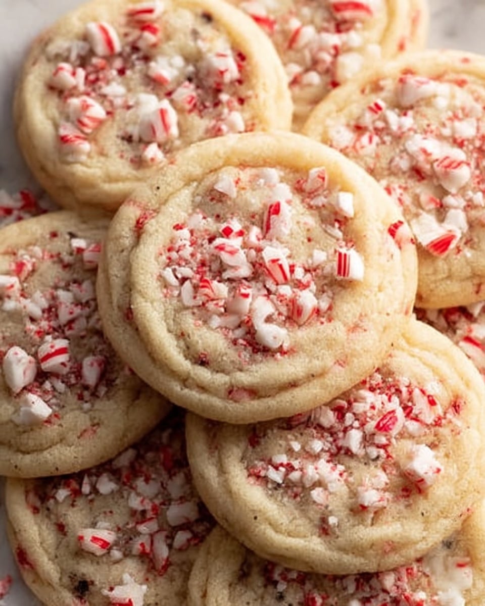 A close-up image of a pile of soft cookies, each topped with crushed red-and-white peppermint candy pieces that add bright color and texture. The cookies are light golden brown with a slightly cracked surface, showing a soft, chewy texture. The crushed candy pieces vary in size, scattered unevenly over each cookie, giving a festive look. The cookies are resting on a white marbled surface. Photo taken with an iphone --ar 4:5 --v 7