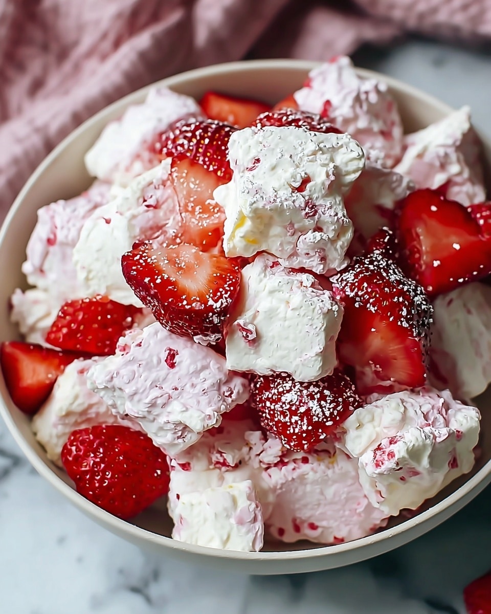 A close-up view of a white bowl filled with a mix of broken white and pink meringue pieces and fresh red strawberry halves. The meringue pieces have a rough, crumbly texture with some smooth, creamy spots covered lightly in powdered sugar. The strawberries add a bright red contrast with their juicy, shiny surfaces. The bowl is placed on a white marbled surface with a hint of a purple cloth nearby. photo taken with an iphone --ar 4:5 --v 7