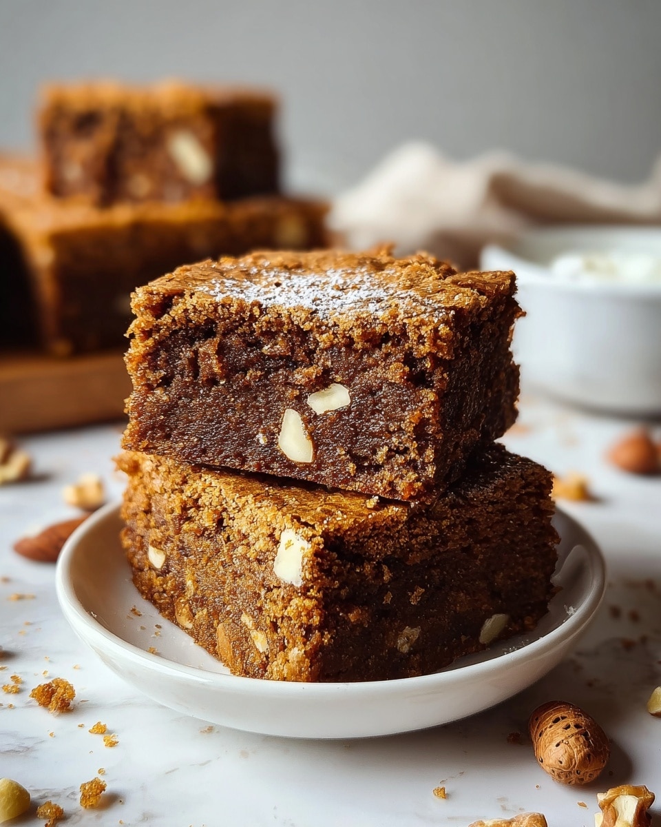 Two square-shaped brownie pieces are stacked on top of each other on a white plate, placed on a white marbled surface. The brownies have a golden-brown color with a slightly crumbly texture and visible chunks of white nuts scattered inside. The top brownie shows a cracked surface revealing its soft, moist interior, while small nut pieces and crumbs are scattered around the plate. In the background, another piece of brownie sits slightly out of focus next to a white bowl. Photo taken with an iphone --ar 4:5 --v 7