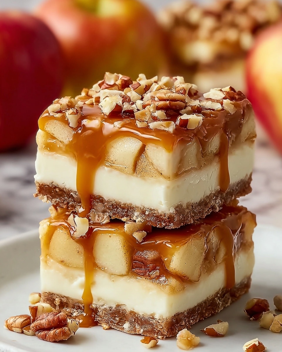 A close-up view of two stacked dessert squares on a white plate, each square showing four layers: a crumbly brown crust at the bottom, a thick layer of light yellow apple slices above the crust, a smooth white creamy layer on top of the apples, and a generous drizzle of shiny caramel sauce flowing down the sides. The top of the dessert is covered with a mix of chopped nuts, mostly pecans, glistening with caramel. Scattered nut pieces and caramel drops lie around the plate, all set on a white marbled surface with blurry apples and more desserts in the background. Photo taken with an iphone --ar 4:5 --v 7
