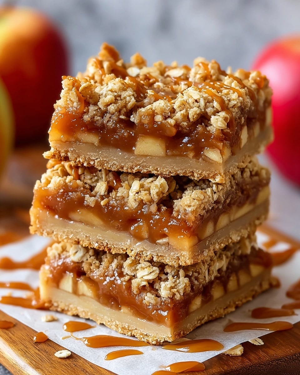 The image shows a close-up of three stacked apple crumble bars, each with three clear layers: a firm golden-brown crust at the bottom, a thick middle layer of glossy caramel-coated apple pieces in light brown and caramel shades, and a crumbly oat topping with golden brown clusters scattered unevenly on top. The bars are placed on white parchment paper over a wooden board, with some oat crumbs and drizzle of caramel sauce around the base. In the blurred background, there are two red apples and a white marbled texture surface visible. Photo taken with an iphone --ar 4:5 --v 7