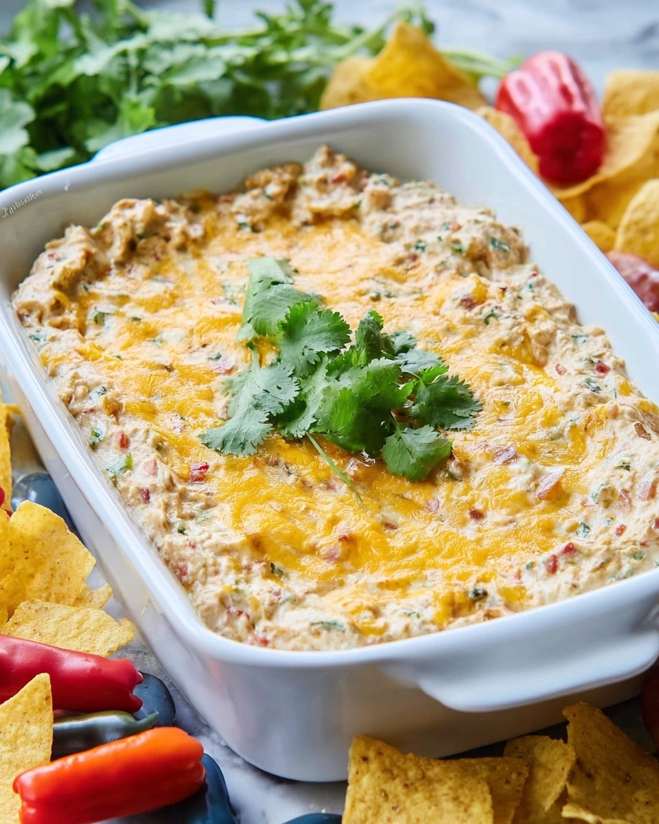 A white rectangular baking dish filled with a creamy dip that has a rough texture and contains small bits of vegetables and ground meat throughout. The dip is topped with a layer of melted bright orange cheddar cheese that covers most of the surface unevenly. On top of the cheese are a few sprigs of fresh green cilantro placed across the center. The dish is sitting on a white marbled texture surface, with some colorful red and orange peppers and tortilla chips visible around the edges. Photo taken with an iphone --ar 4:5 --v 7