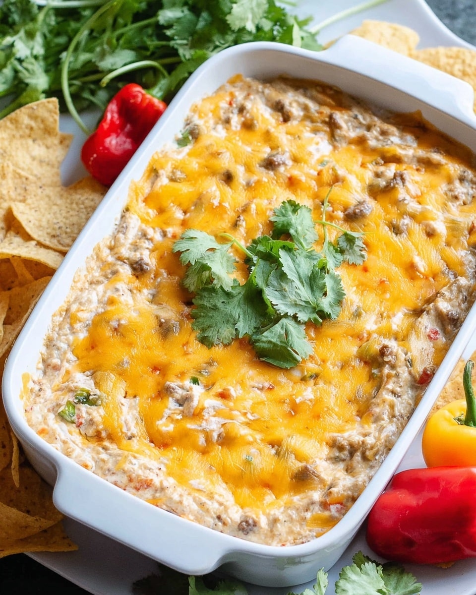 A white rectangular dish filled with a creamy dip that has two main layers: the bottom layer is a textured mixture with bits of red and green, looking like chopped vegetables in a creamy base, and the thicker top layer is melted golden-yellow cheese spread unevenly over the dip. On top, there is a fresh sprig of green cilantro used as a garnish. Around the dish, on a white marbled surface, there are colorful scattered fresh vegetables and tortilla chips in both yellow and blue colors. photo taken with an iphone --ar 4:5 --v 7