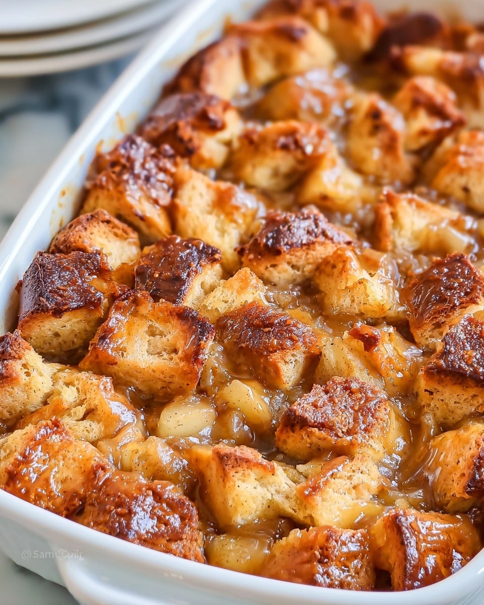 The image shows a close-up view of a baked bread pudding in a white square dish. The top layer is made of golden-brown toasted bread chunks with a slightly crisp texture, some pieces showing darker caramelized spots. Beneath the top layer, there is a moist, soft layer of cooked apples or a similar fruit in a syrupy, sticky sauce that is light brown and glossy, filling the spaces between the bread chunks. The dish is set on a white marbled surface with some plates and a cloth blurred in the background. photo taken with an iphone --ar 4:5 --v 7