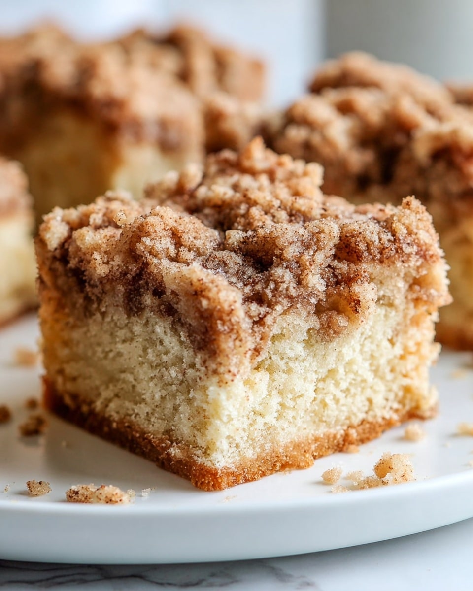 The image shows a close-up of a coffee cake square with two visible layers and a crumbly top layer. The bottom layer is light beige and soft in texture, while the top layer is a mix of light brown crumbs and darker brown swirls, indicating cinnamon or spice. The crumb layer appears rough and crumbly, with small pieces falling off onto the white plate below. The cake has an uneven surface, highlighting its homemade and soft quality. The plate rests on a white marbled surface. photo taken with an iphone --ar 4:5 --v 7