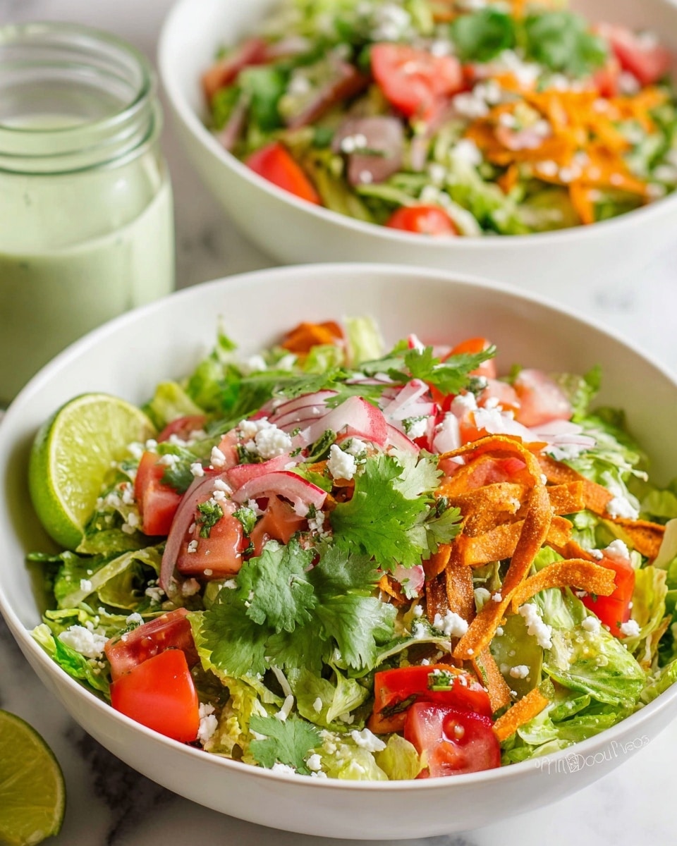 A fresh salad served in a white bowl with a patterned rim, featuring multiple layers starting with a base of shredded green lettuce. On top are chopped red tomatoes, thin crispy brown strips, and small white crumbles of cheese scattered across the dish. Garnish includes bright green cilantro leaves and a round slice of lime on one side. A small dollop of white cream adds texture near the lime. In the blurred background, another white bowl with a similar salad and a light green sauce bottle sit on a white marbled surface. photo taken with an iphone --ar 4:5 --v 7