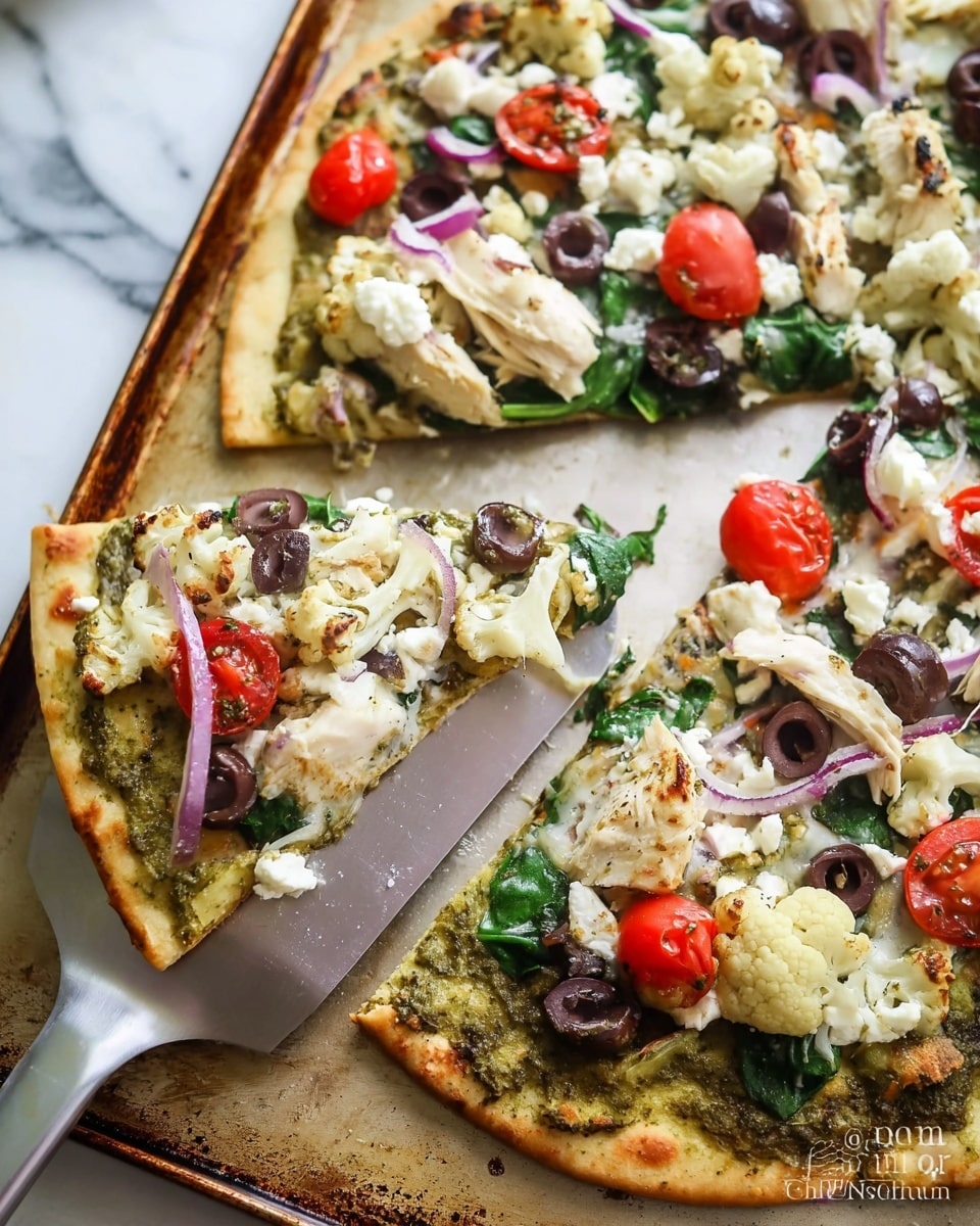 A pizza with a golden-brown crust is shown on an old, dark baking tray. The pizza has a green pesto sauce base, covered with melted white cheese. On top, there are layers of bright red cherry tomato halves, dark purple olive slices, fresh green spinach leaves, thin light purple onion slices, white artichoke pieces, and shredded light beige chicken. One slice is lifted with a metal spatula, showing the toppings clearly. The whole scene is set on a white marbled surface. photo taken with an iphone --ar 4:5 --v 7