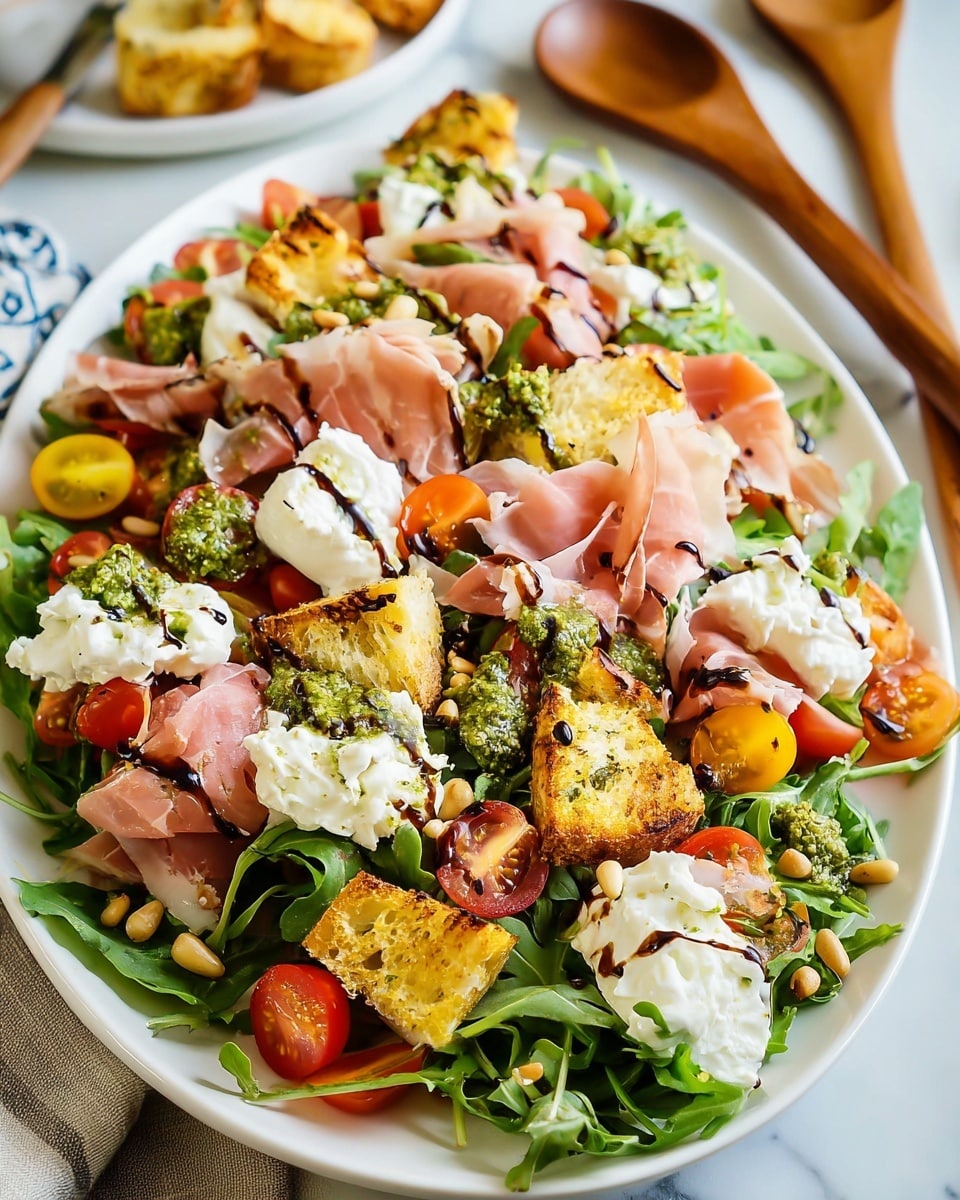 Arugula Burrata Salad with Prosciutto, Pesto, and Toasted Pine Nuts Recipe