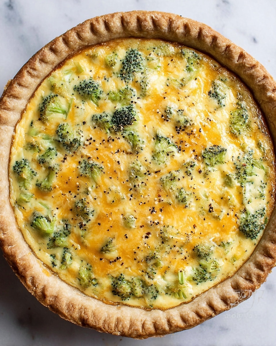 A round quiche with a golden-brown flaky crust that has a slightly scalloped edge. The filling is creamy yellow with visible soft melted cheese melted throughout, mixed with bright green broccoli pieces scattered evenly on the surface. Small specks of black pepper are sprinkled across the top, adding texture. The quiche rests on a white marbled surface, photographed from above to show the full pie in a close-up view. photo taken with an iphone --ar 4:5 --v 7