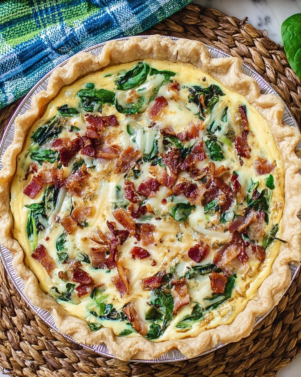 A golden brown pie crust with a scalloped edge holds a layered quiche. The first layer is a creamy, pale yellow egg base. On top, there are bright green spinach leaves scattered evenly, mixed with crispy, reddish-brown bacon pieces. A melted layer of mozzarella cheese covers the filling, with some browned spots that add texture. The pie is set on a woven mat with a small bunch of fresh spinach visible nearby, all on a white marbled surface. Photo taken with an iphone --ar 4:5 --v 7