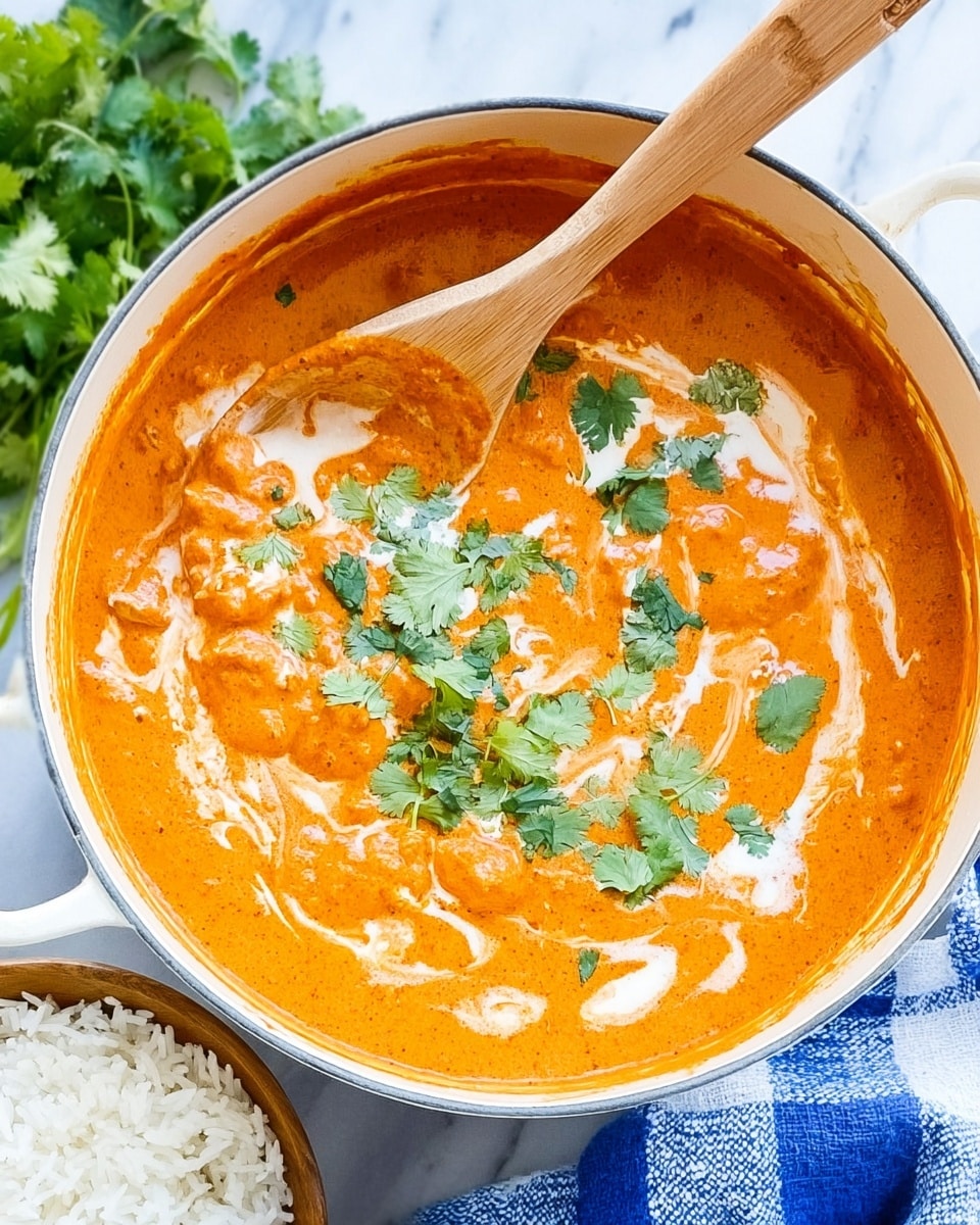 A white pot filled with creamy orange curry sauce that has a smooth, thick texture swirling softly on top, sprinkled with fresh green cilantro leaves spread evenly; a wooden spoon rests in the center of the pot, partially submerged in the curry. In the background, a white bowl holds fluffy white rice, all placed on a white marbled surface. photo taken with an iphone --ar 4:5 --v 7