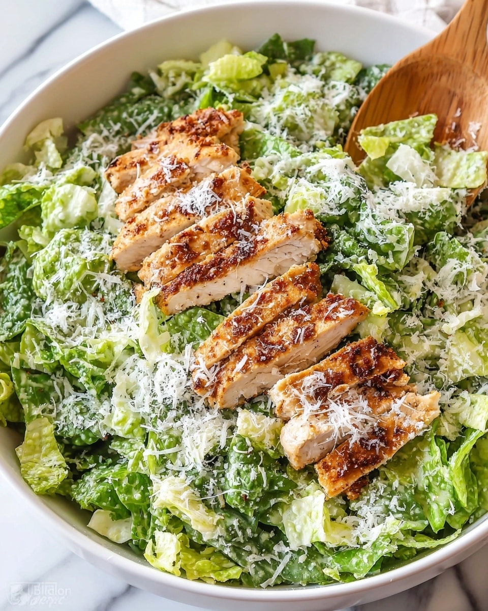 This dish shows a white bowl filled with a base layer of chopped bright green lettuce, covered with a creamy dressing that makes the leaves look slightly glossy. On top, two grilled chicken breasts are sliced into strips and laid neatly side by side, their golden-brown crust contrasting with the white inner meat. The chicken is sprinkled all over with fine, grated white cheese. A wooden spoon rests on the right side, partially submerged in the lettuce. The bowl sits on a white marbled surface. photo taken with an iphone --ar 4:5 --v 7