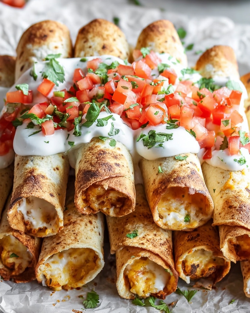 The image shows a close-up of rolled tortillas filled with a cheesy mixture, stacked in two layers. The tortillas have a light brown spotted texture from cooking and are topped with a thick white sauce drizzled over them. On top, there is a layer of finely chopped red tomatoes and green herbs scattered across the rolls, adding bright red and green colors. The surface beneath the tortillas looks like crumpled parchment paper on a white marbled texture. The overall look is fresh and colorful with a mix of soft, creamy, and crunchy textures photo taken with an iphone --ar 4:5 --v 7