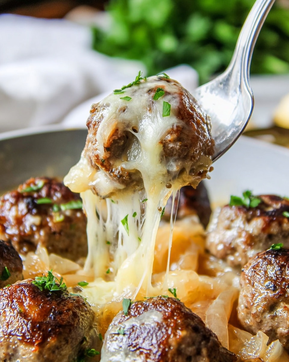The image shows juicy meatballs covered with melted, creamy light brown cheese on top, with green herbs sprinkled over them. The meatballs rest on a layer of soft, translucent cooked onions that are light golden in color. A metal spoon holds up two meatballs with cheese stretching slightly down to the onions below. Additional meatballs and onions fill the bottom of a dark pan, all set on a white marbled texture with blurred green herbs in the background. photo taken with an iphone --ar 4:5 --v 7